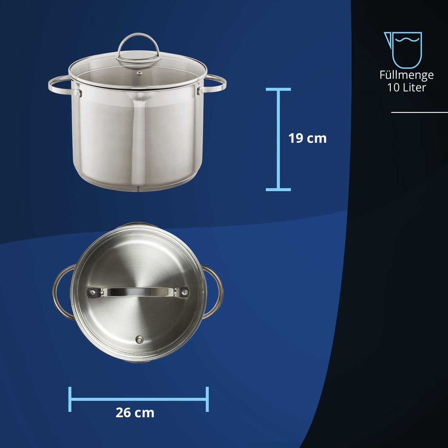 XXL Edelstahl Kochtopf 10L mit Glasdeckel, 26 cm