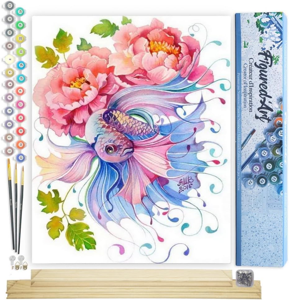 Malen nach Zahlen Set Blumen und Fische, Blumen und Fische 40x50cm Mit Keilrahmen (nicht gespannt)