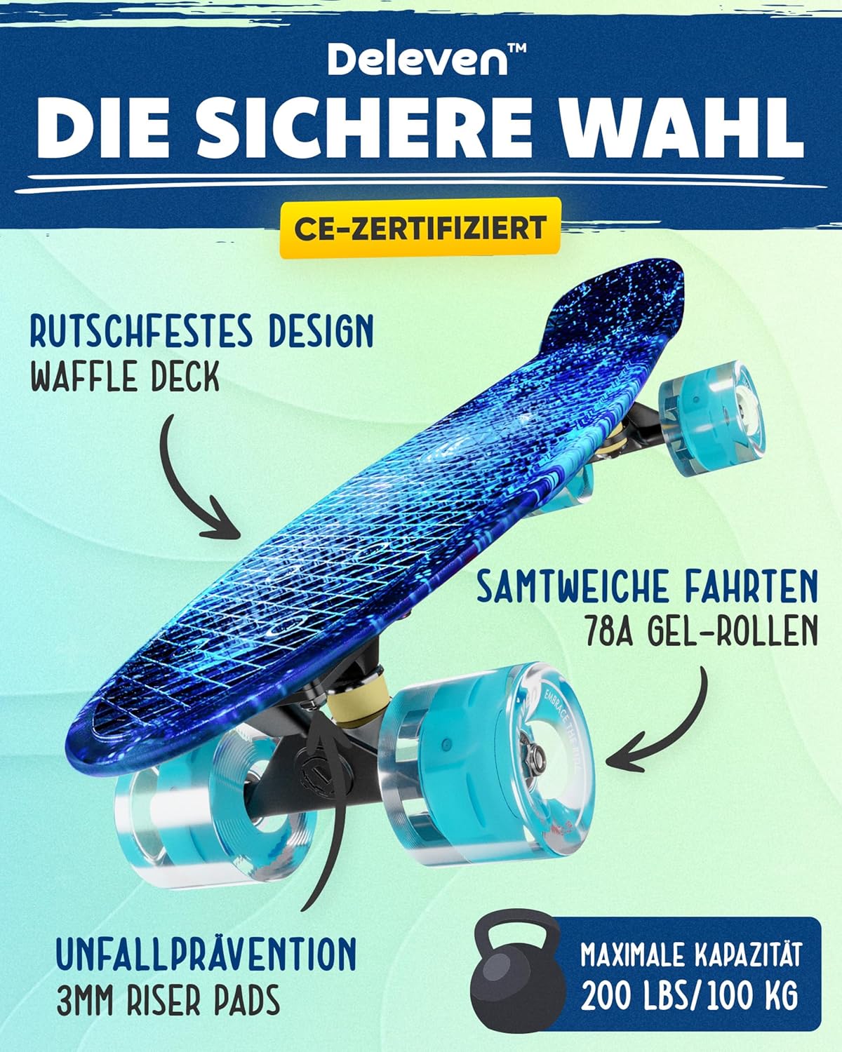 Skateboard mit LED Rollen und Skate Tool, 01 LED Blaue Galaxie