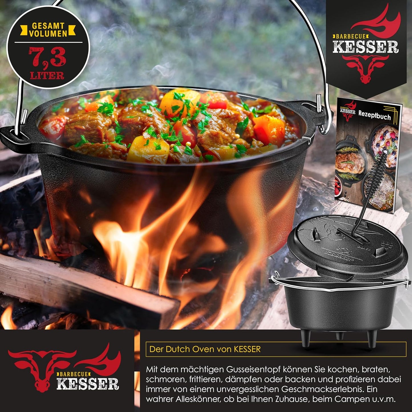 DO6P Dutch Oven Feuertopf mit Füssen, DO6P - 7.3 Liter / Topf mit Füsse