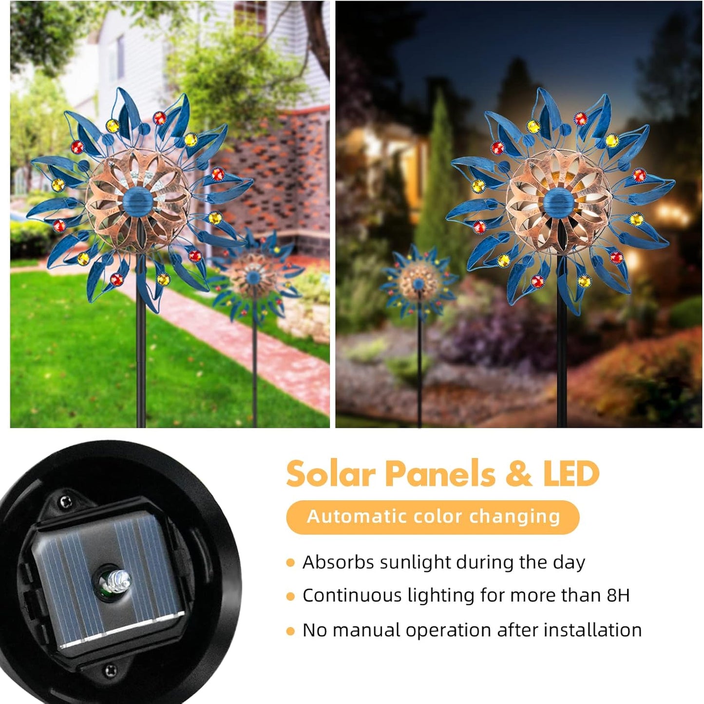 Solar-Windspinner-Skulptur für Garten & Terrasse, Höhe 12 Zoll, Durchmesser der Blüte 8 Zoll