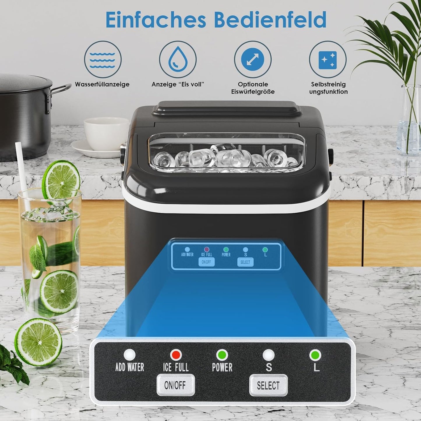 Eiswürfelmaschine mit Selbstreinigungsfunktion, Schwarz