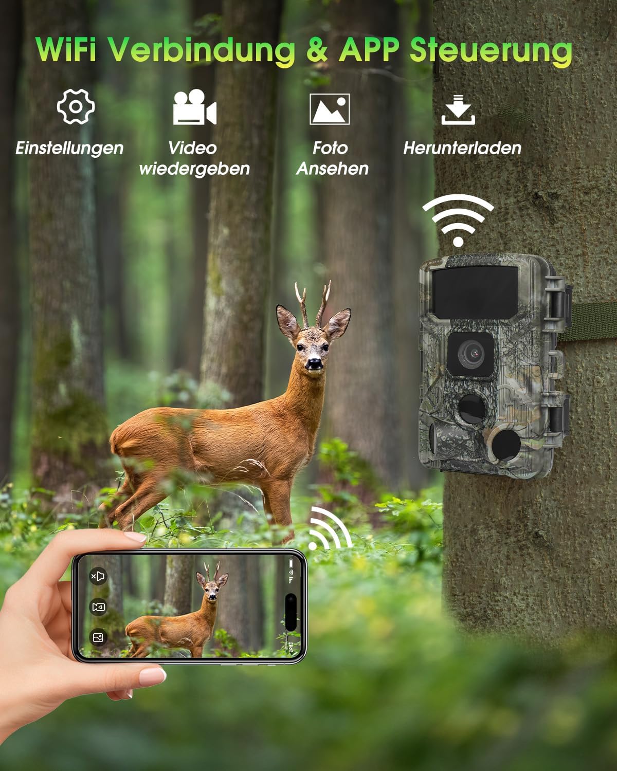 Wildkamera mit WLAN, 4K, Nachtsicht, IP67, 130° Winkel, Armeegrün