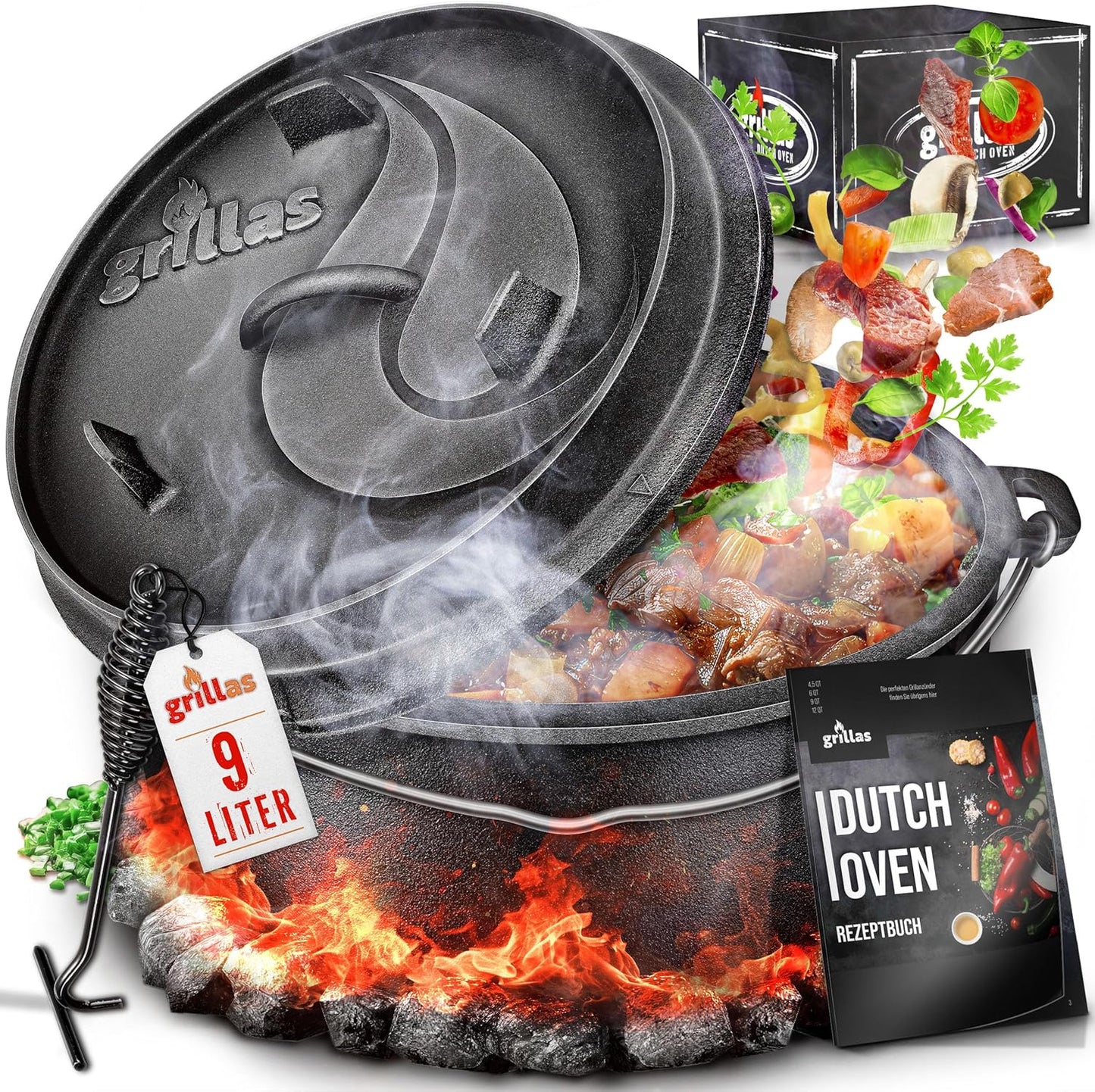 Dutch Oven Set, Topf mit Füsse 9 Liter / 9 QT