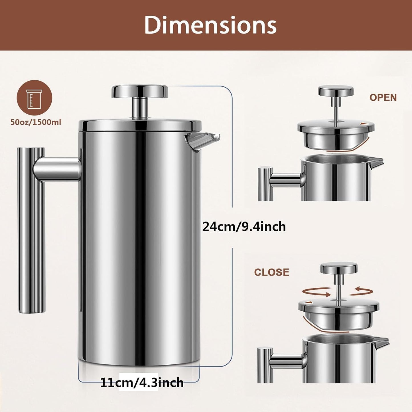 French Press Kaffeebereiter 1,5L Edelstahl, Silber 1500ml