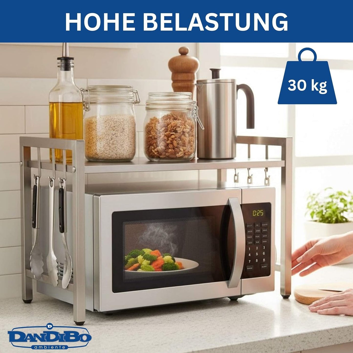 Verstellbares Mikrowellenregal 2-stufig, Silber/Edelstahl 2 Stufig, Höhe 46 cm