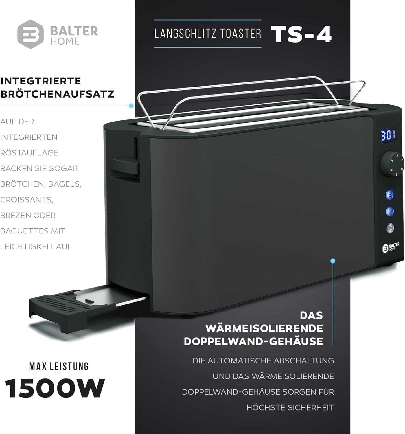 Toaster mit Langschlitz und LCD-Anzeige, Grau