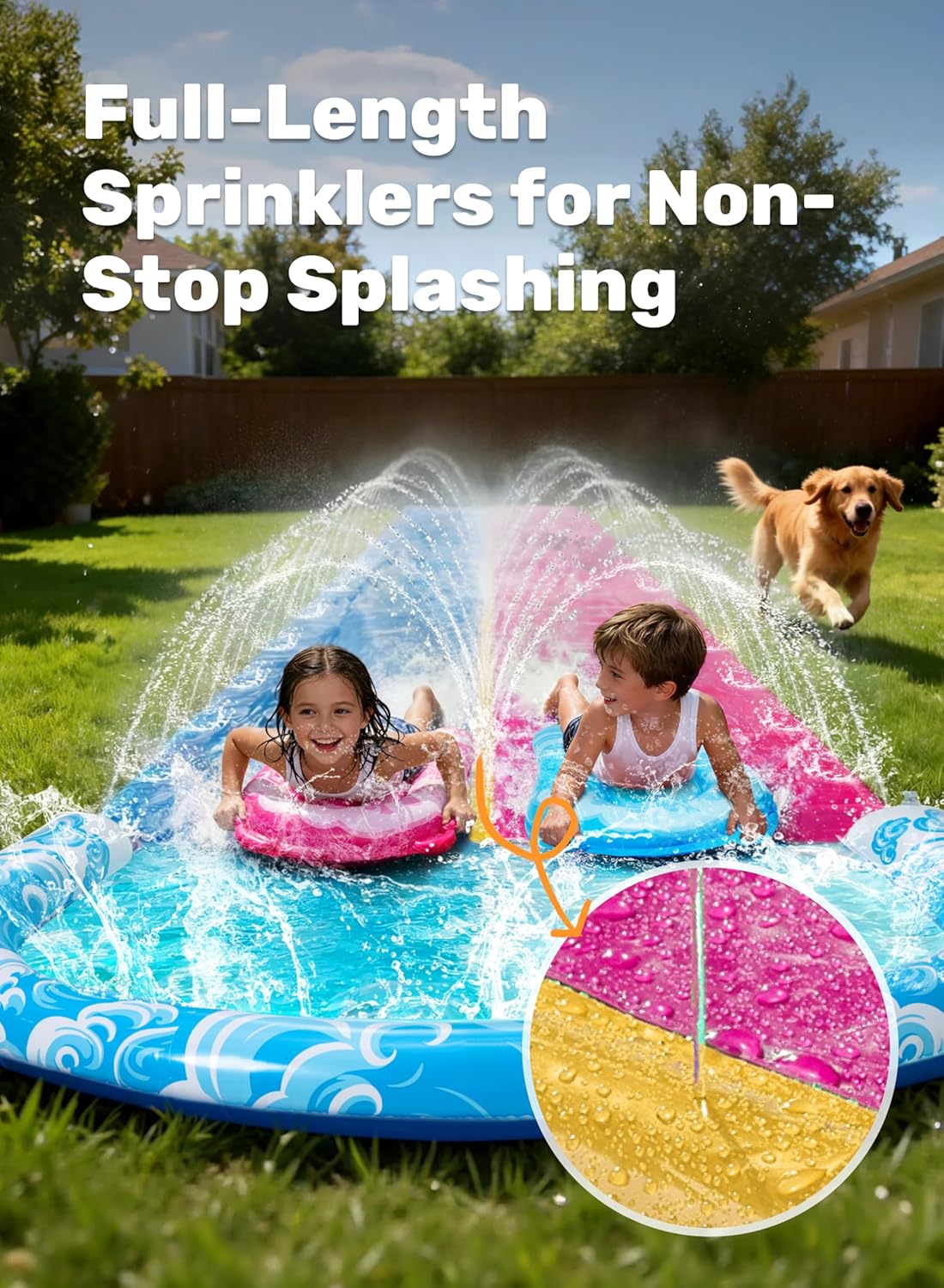 Extra lange Doppel-Wasserrutsche mit Sprinkler (32,5ft), 990.6cm Blau, Rosa