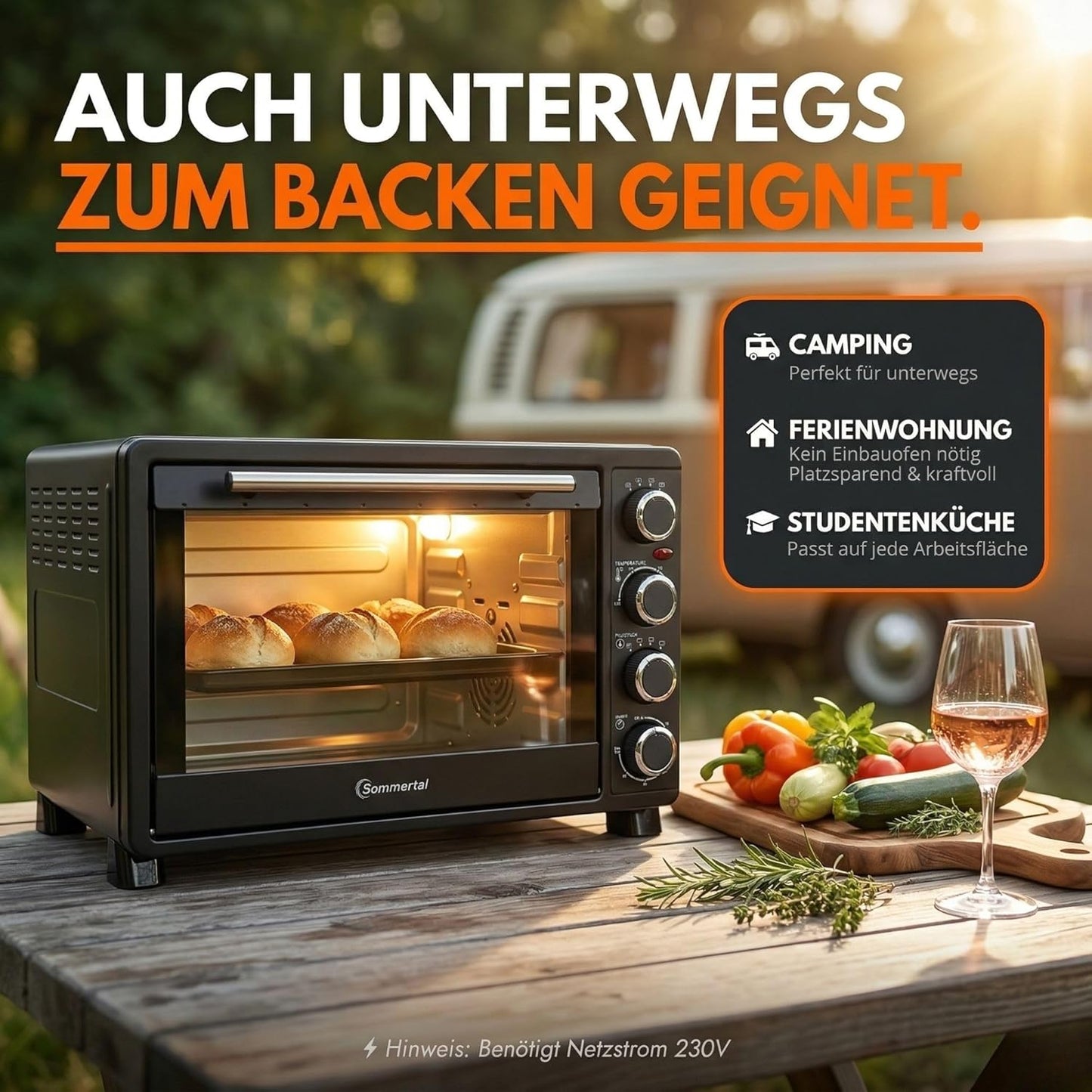 4-in-1 Minibackofen mit Umluft & Drehspiess, 30 Liter