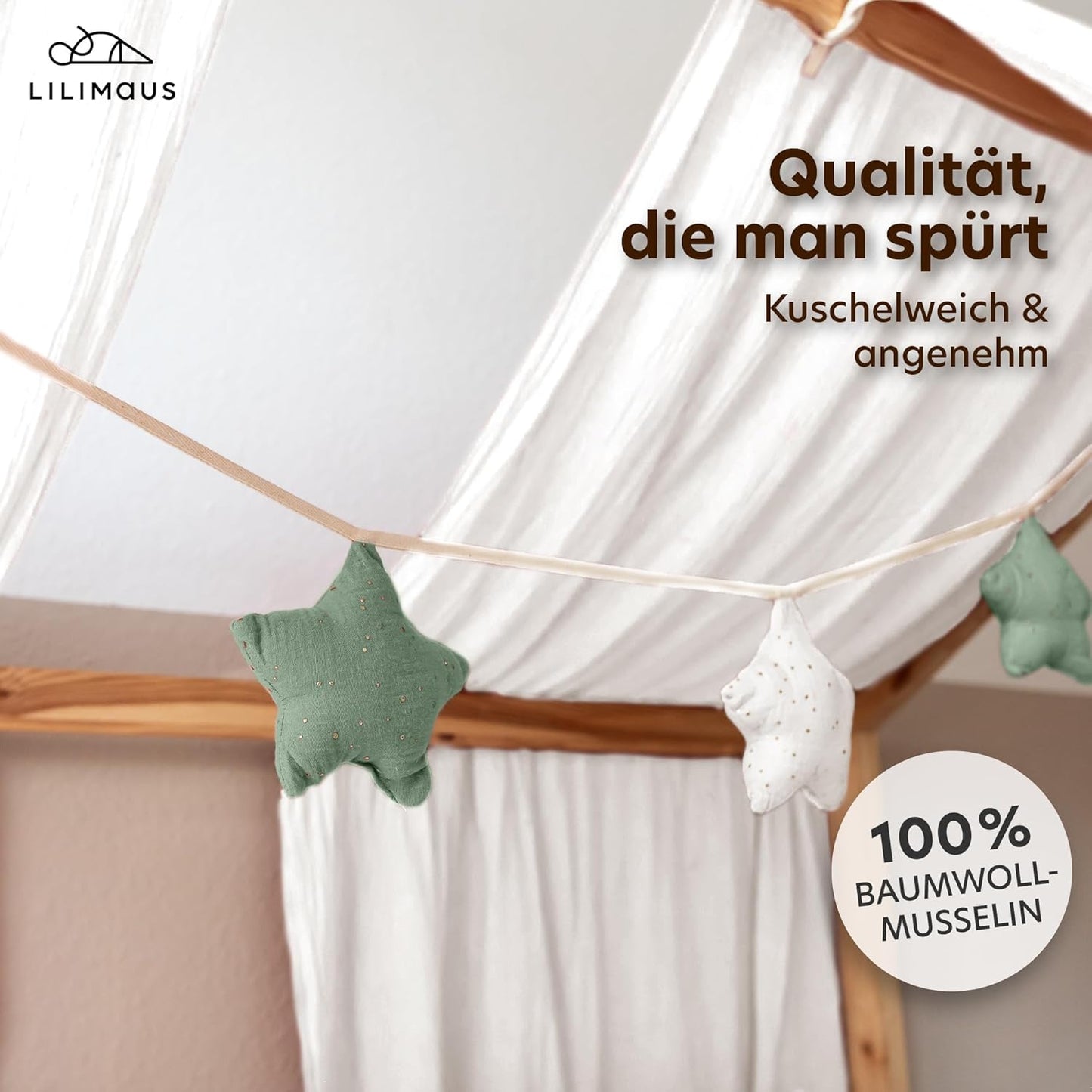 Sternenkette mit Goldapplikation, Weiss & Eukalyptus Sterne mit Goldapplikation