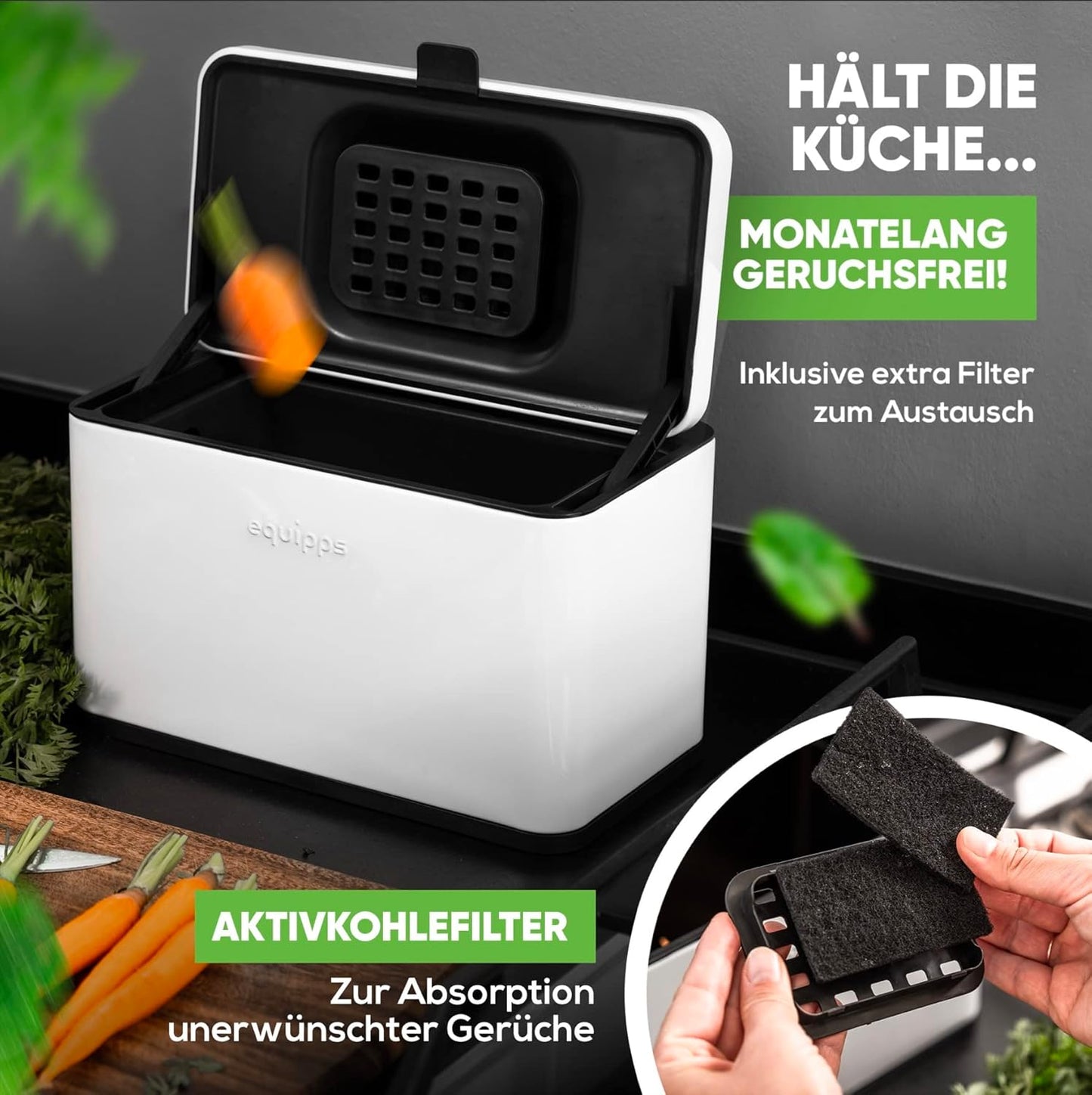 Komposteimer mit Geruchsfilter, Weiß matt 3l