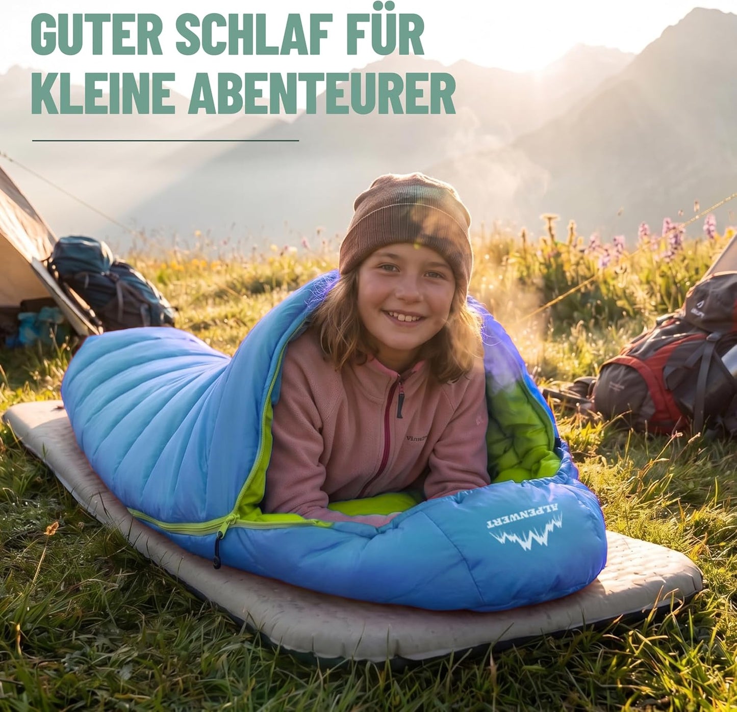 Mitwachsender Kinderschlafsack Sommer, Hellblau/Neongelb