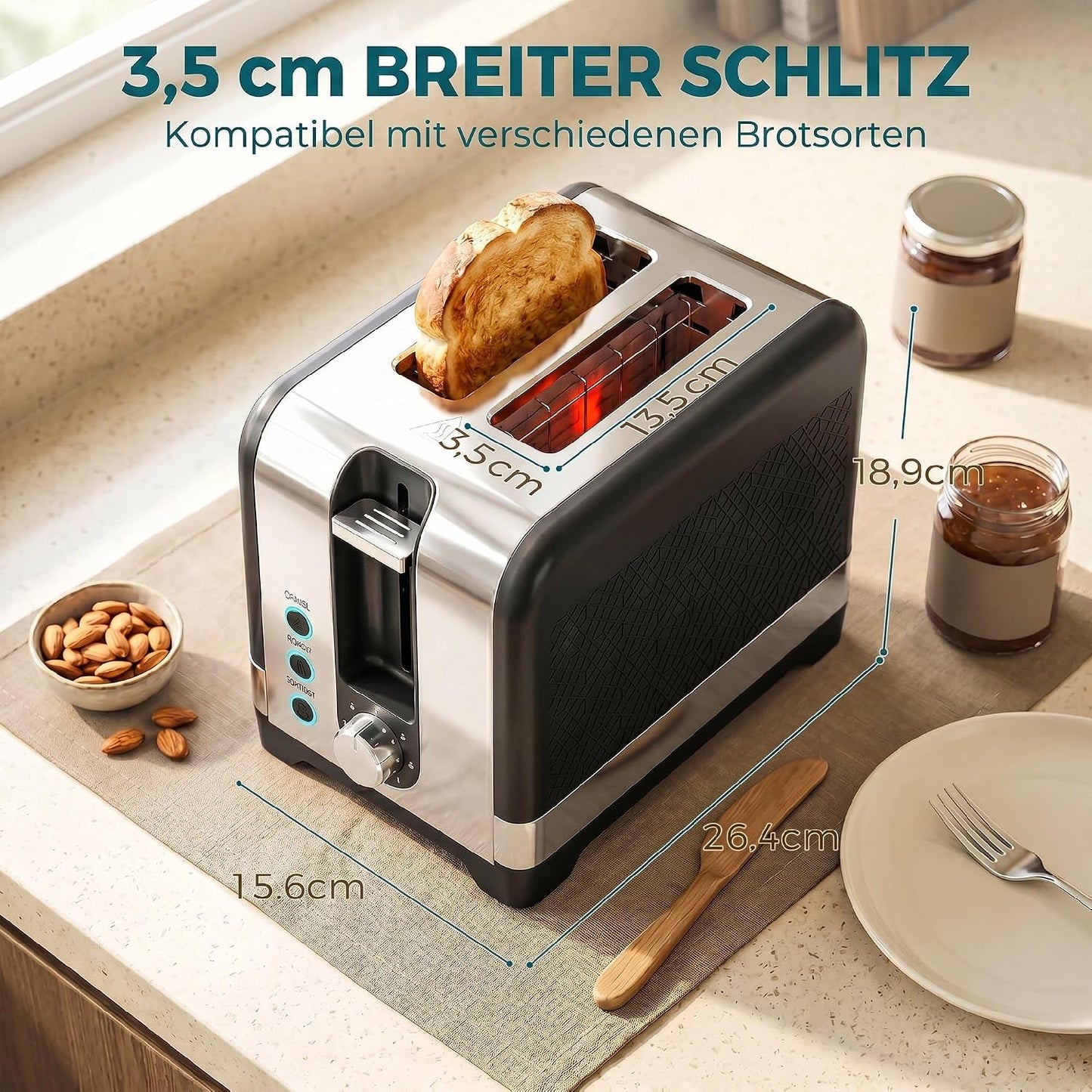 Toaster mit 7 Bräunungsstufen und Brötchenaufsatz