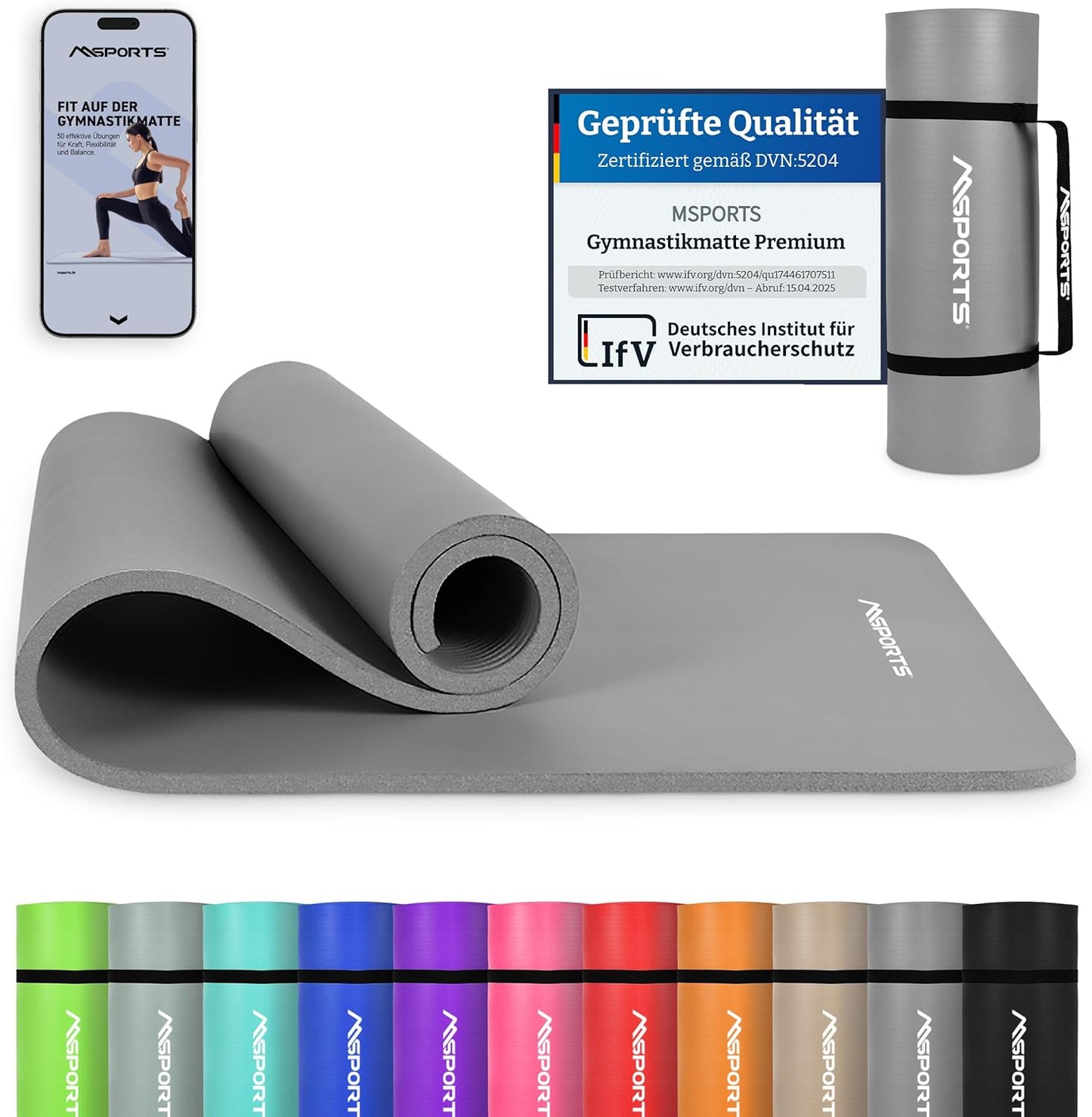 Gymnastik- und Yogamatte mit Tragegurt & App, Grau-Anthrazit ; 190 x 60 x 1,5 cm