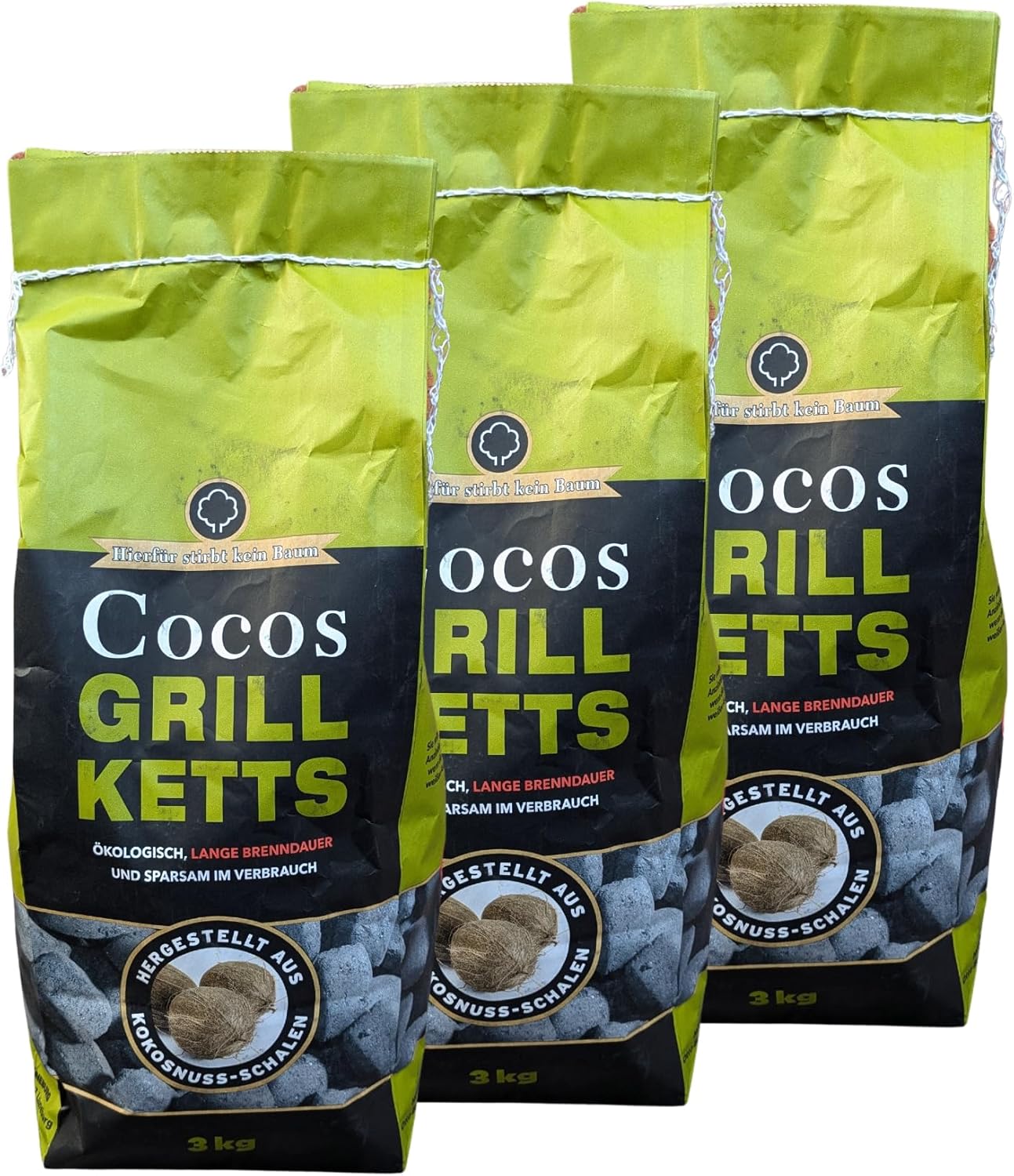 Cocos Grillbriketts mit langer Brenndauer (3x3kg), 9kg + 1 HL Kauf Block