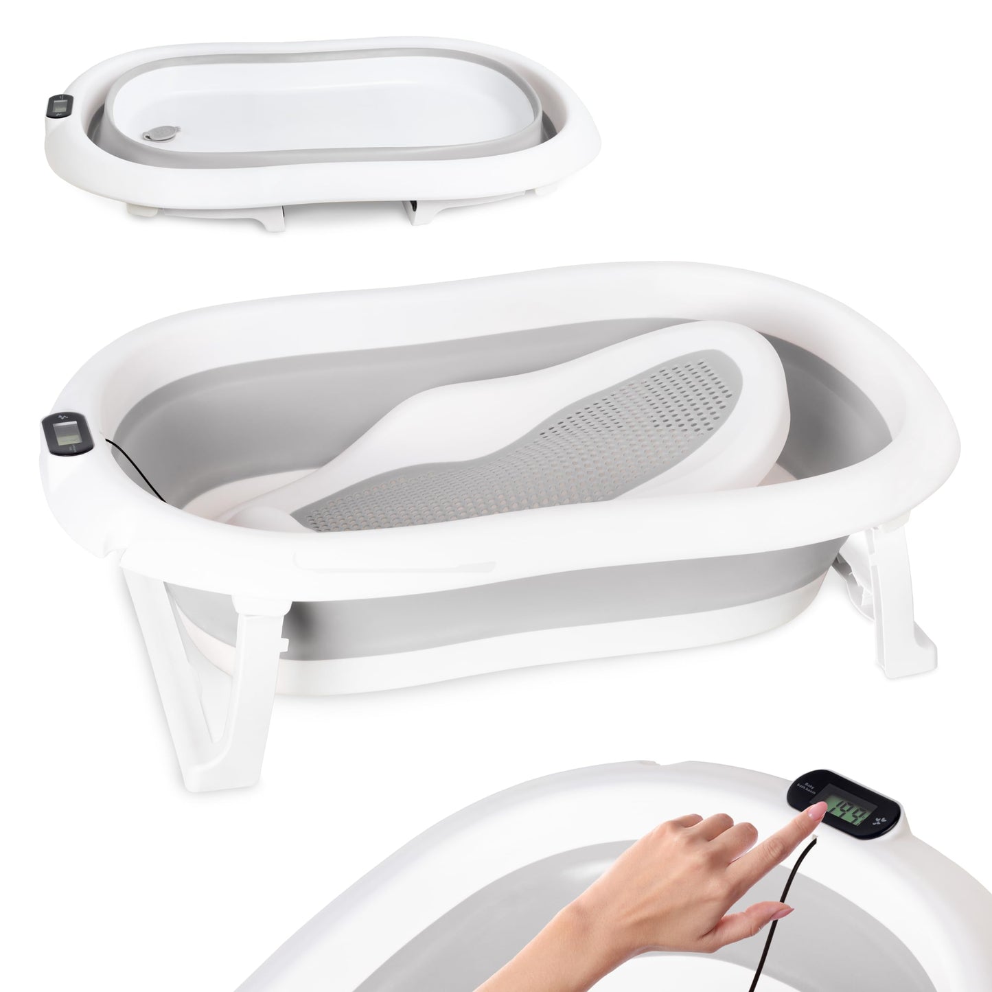 Faltbare Babybadewanne mit Thermometer und Sitz, Grau ohne Ständer mit Badesitz