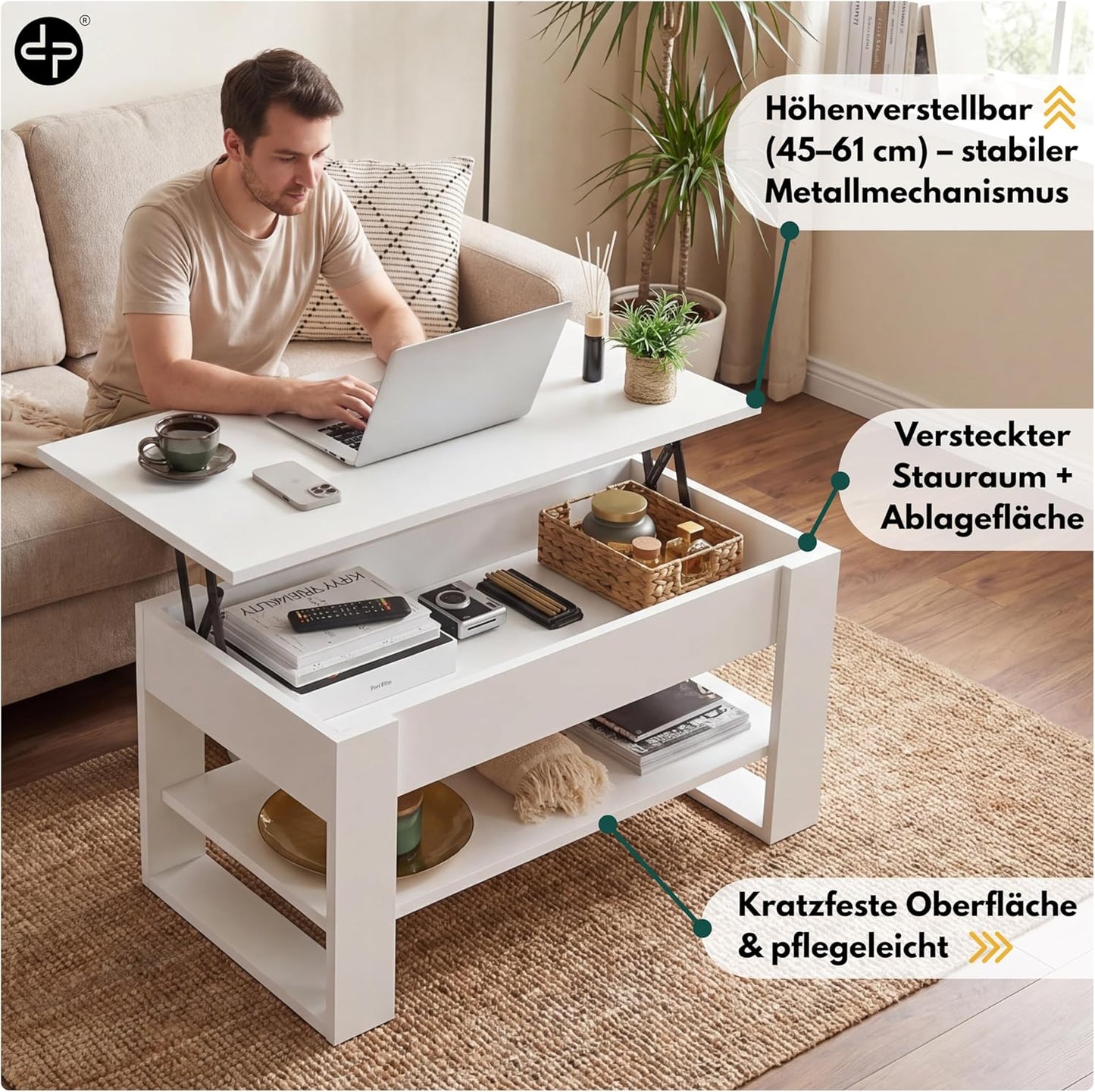 Höhenverstellbarer Couchtisch mit Stauraum und Ablage, Weiss