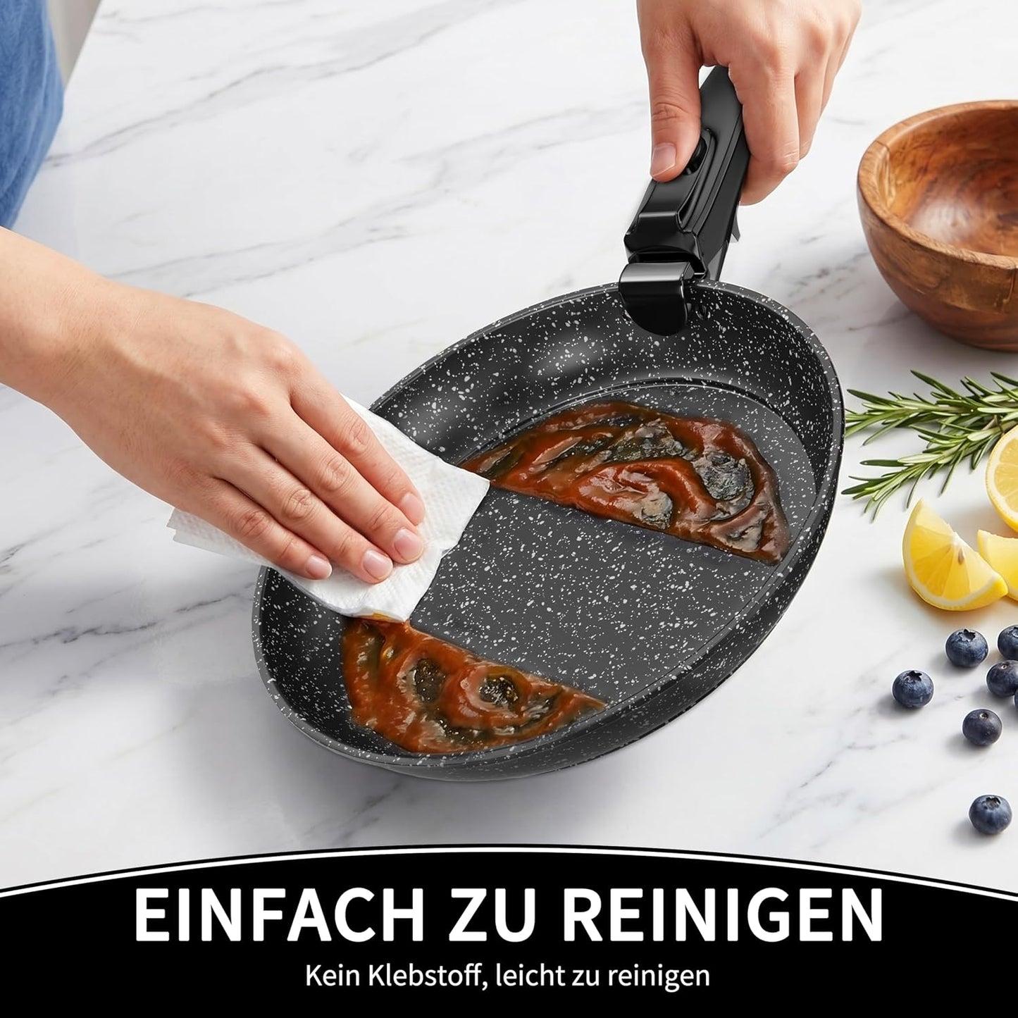 4-teiliges Pfannenset mit abnehmbaren Griffen, Tiefschwarz