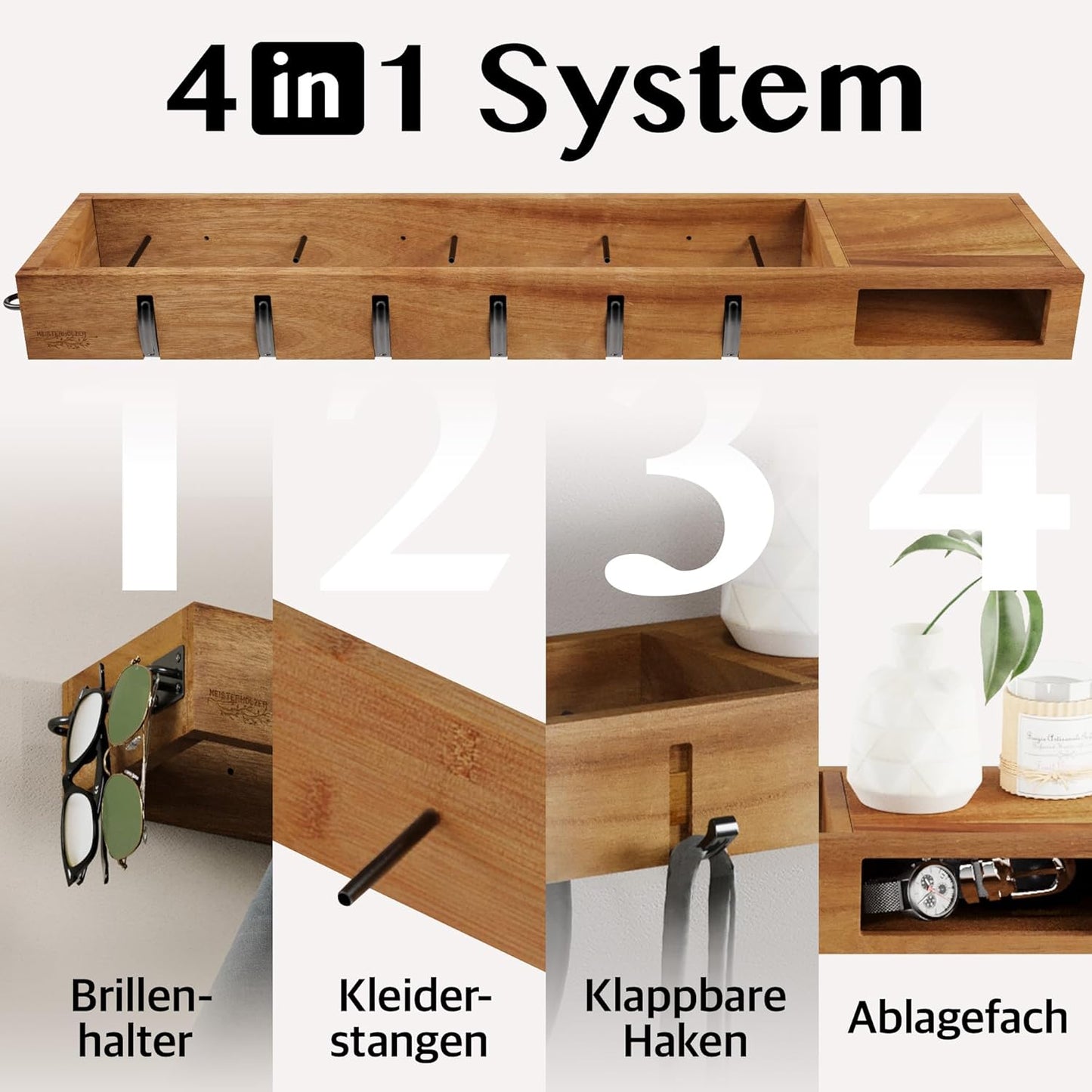 4in1 Wandgarderobe mit Ablage und Kleiderstangen, Dunkelbraun (Akazie)