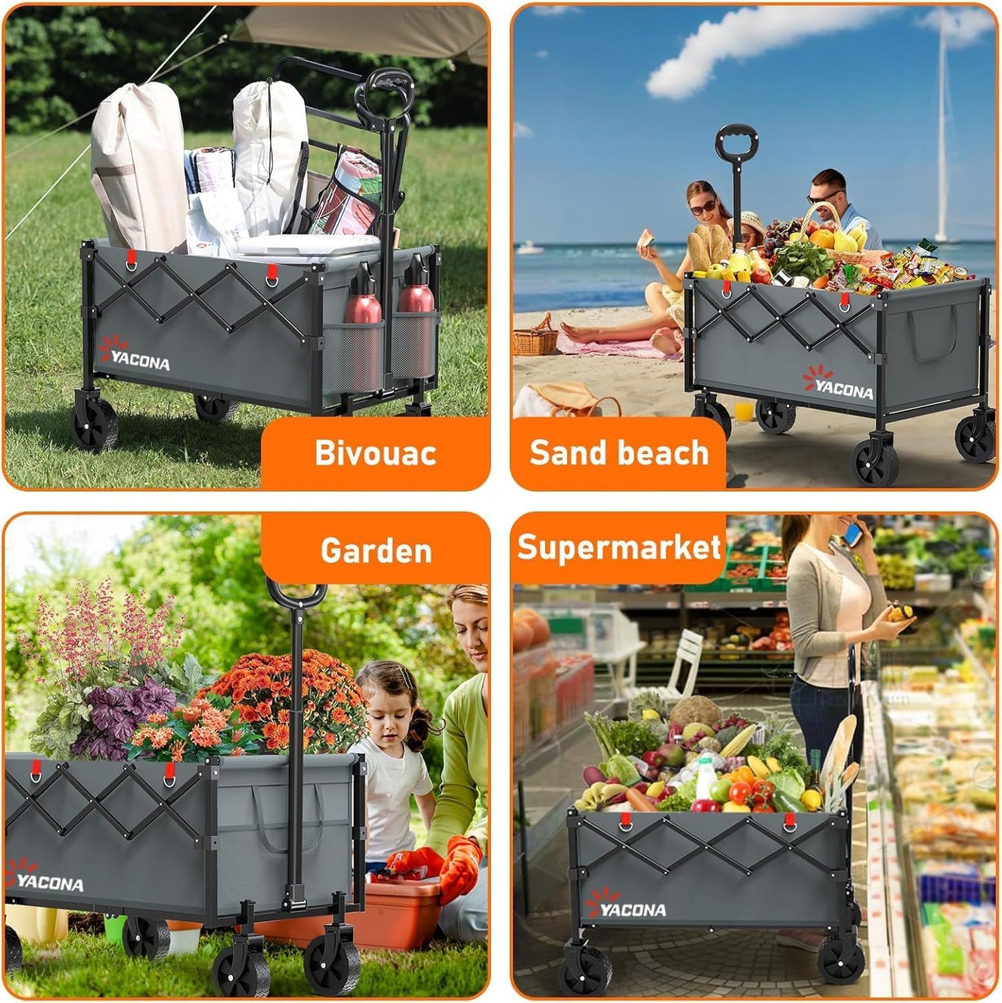 Faltbarer Bollerwagen mit 4 Rollen 100L, Grau 100L