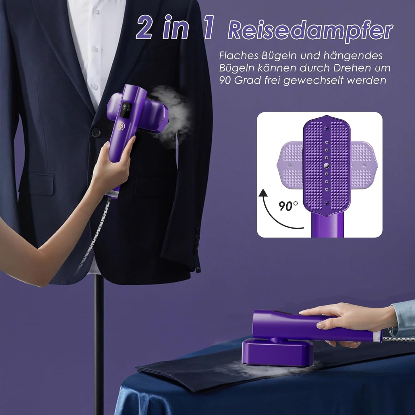 2-in-1 Hand-Dampfglätter mit LED Display, Lila