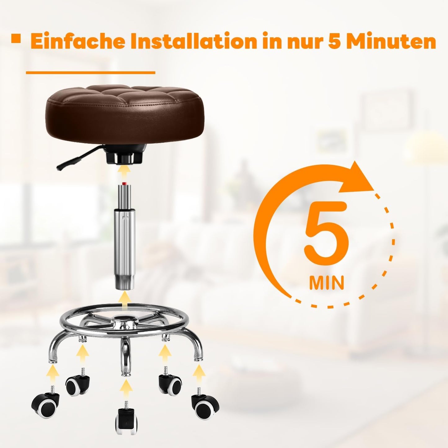 Höhenverstellbarer Rollhocker mit Rollen und Fussstütze, Braun1