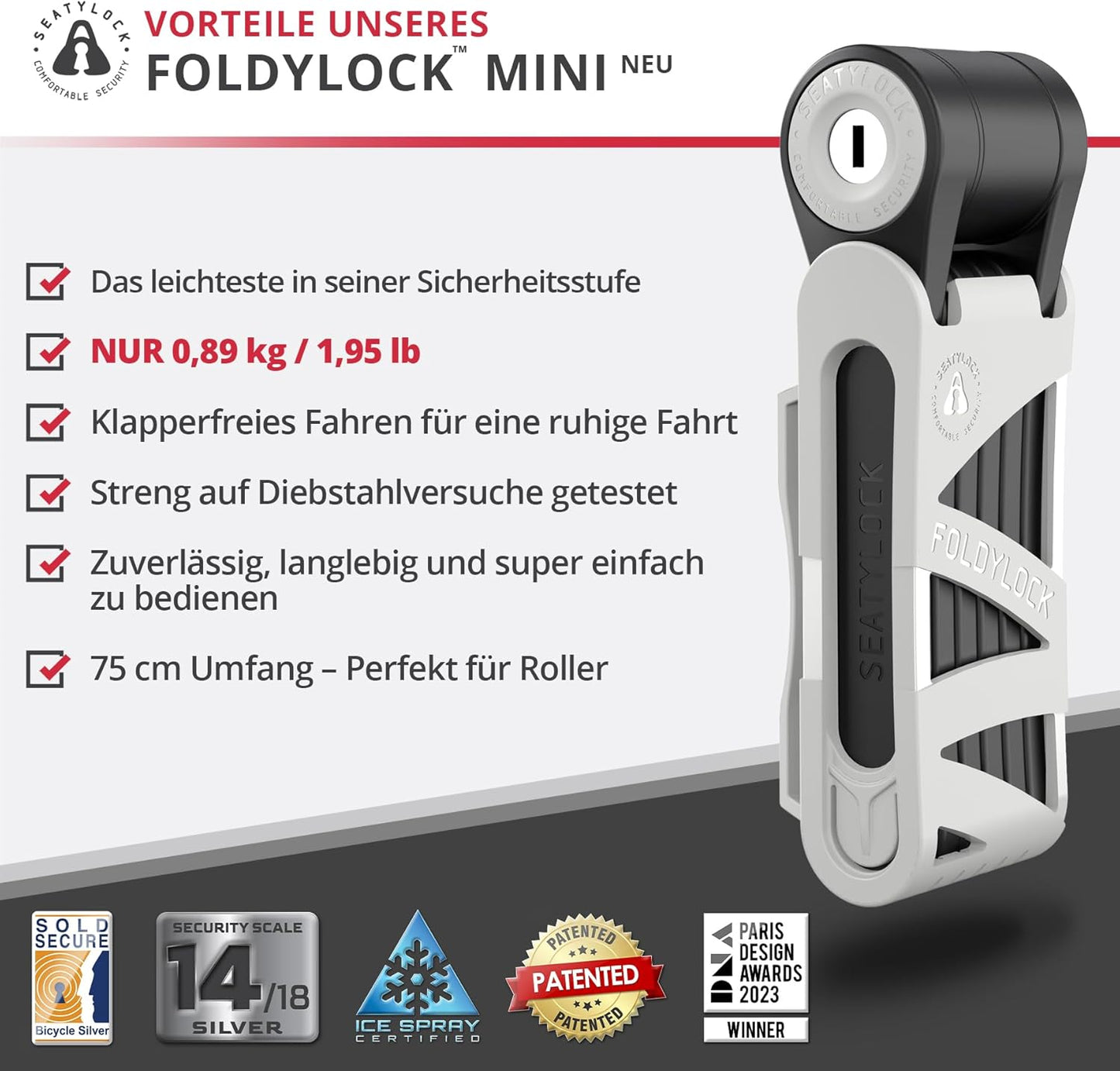 FoldyLock -  Mini Faltschloss mit Schlüssel, Light Gray, 75cm (29.5in) Circumference