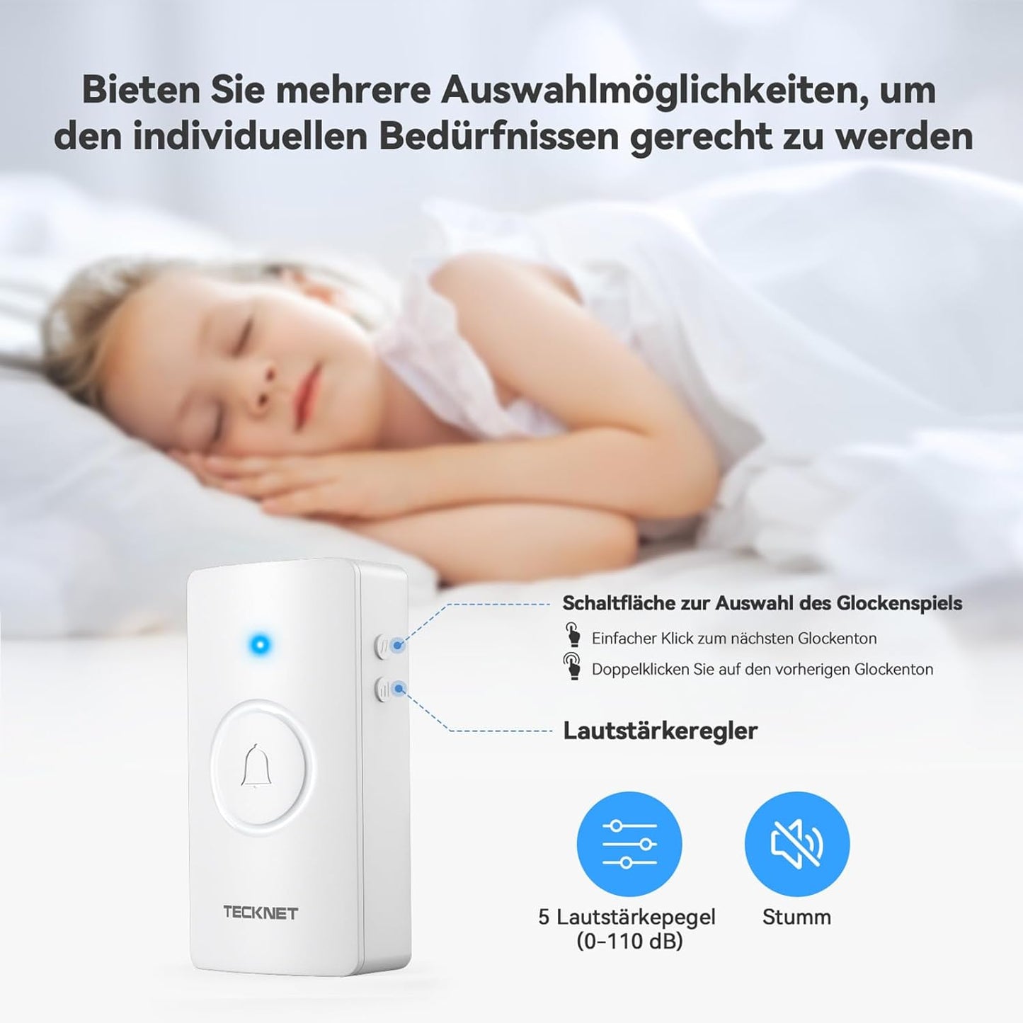 Funkklingel-Set mit 400m Reichweite und 60 Melodien, 1 Empfänger & 1 Sender Weiss