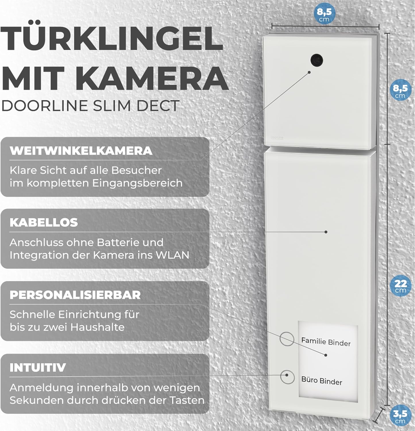 Video Türklingel mit Kamera, kabellos und App-Steuerung, 313,5 x 87 x 34 Weiss