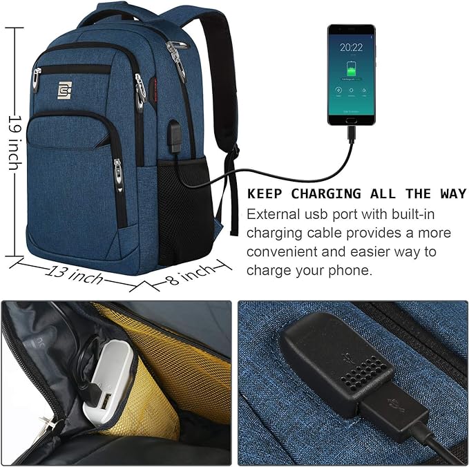 Laptop-Rucksack mit USB-Ladeanschluss, schwarz, 17,3 Pouces, Blau