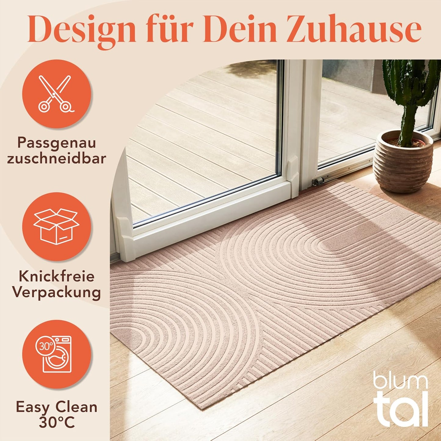 Rutschfeste Fussmatte, 60x90cm Beige Wellen