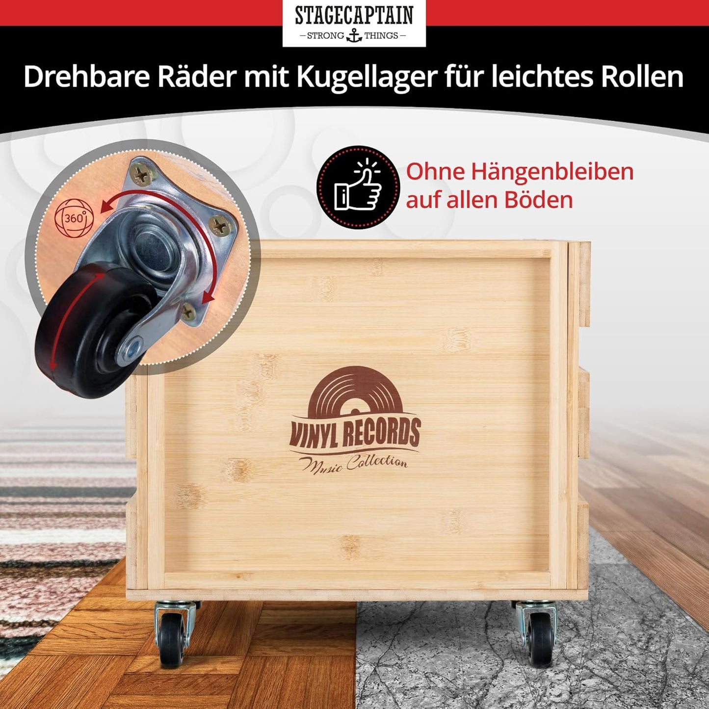 Schallplattenkiste Emil auf Rollen, Bambus Natur 1