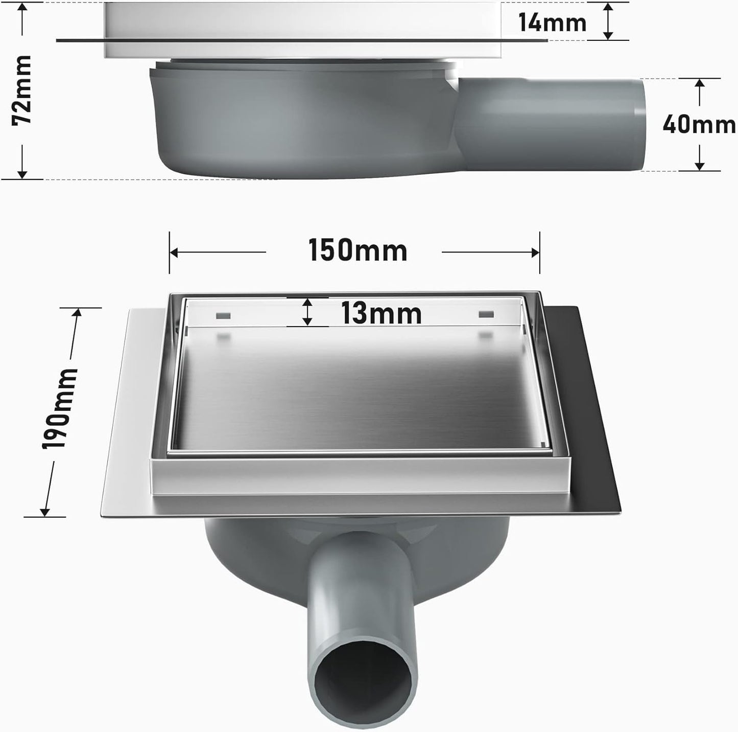 Quadratische Duschrinne mit Siphon und Haarsieb, Silber 15cm