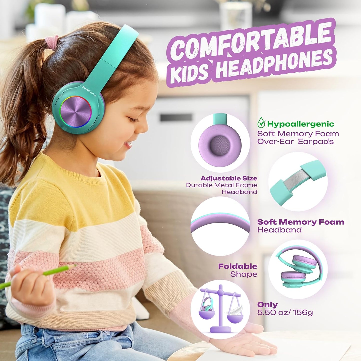 Bluetooth Kinderkopfhörer mit LED, Teal/Purple