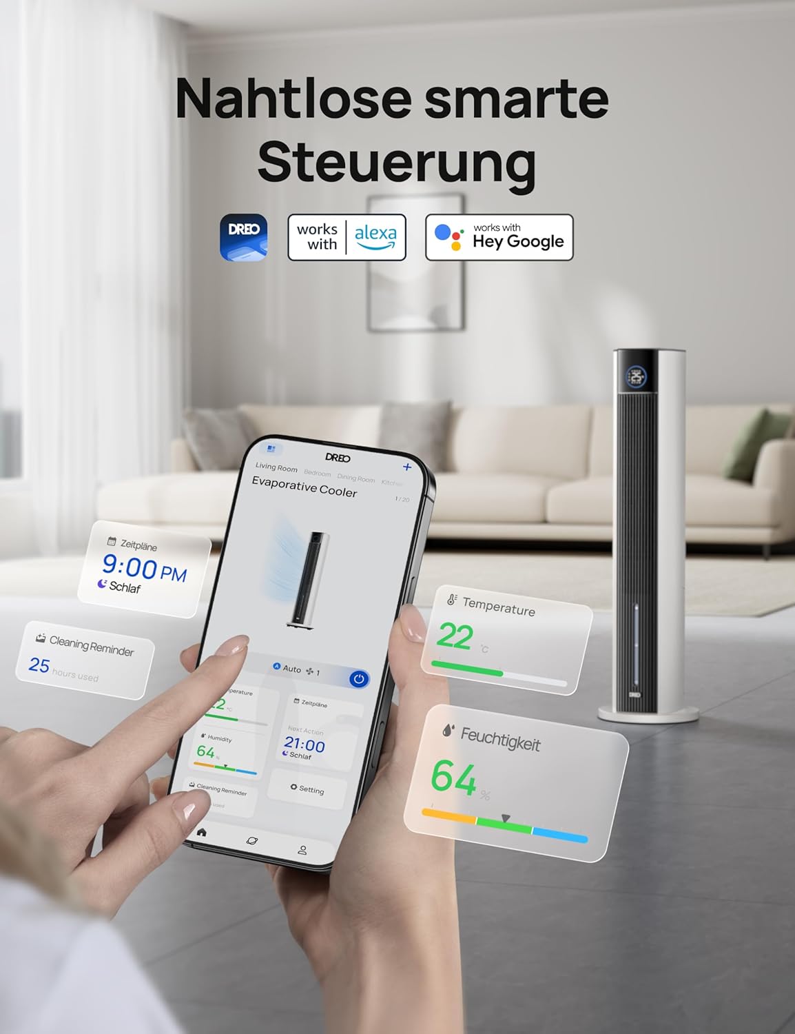 Turmventilator mit Wasserkühlung, App-Steuerung, Weiss