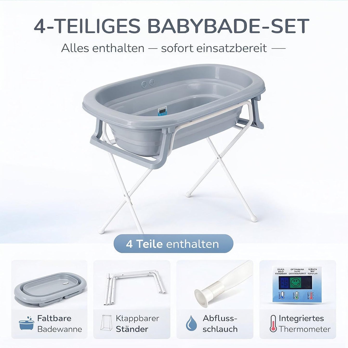4-teiliges Babybadewannen-Set mit Ständer, Grau 4-Set