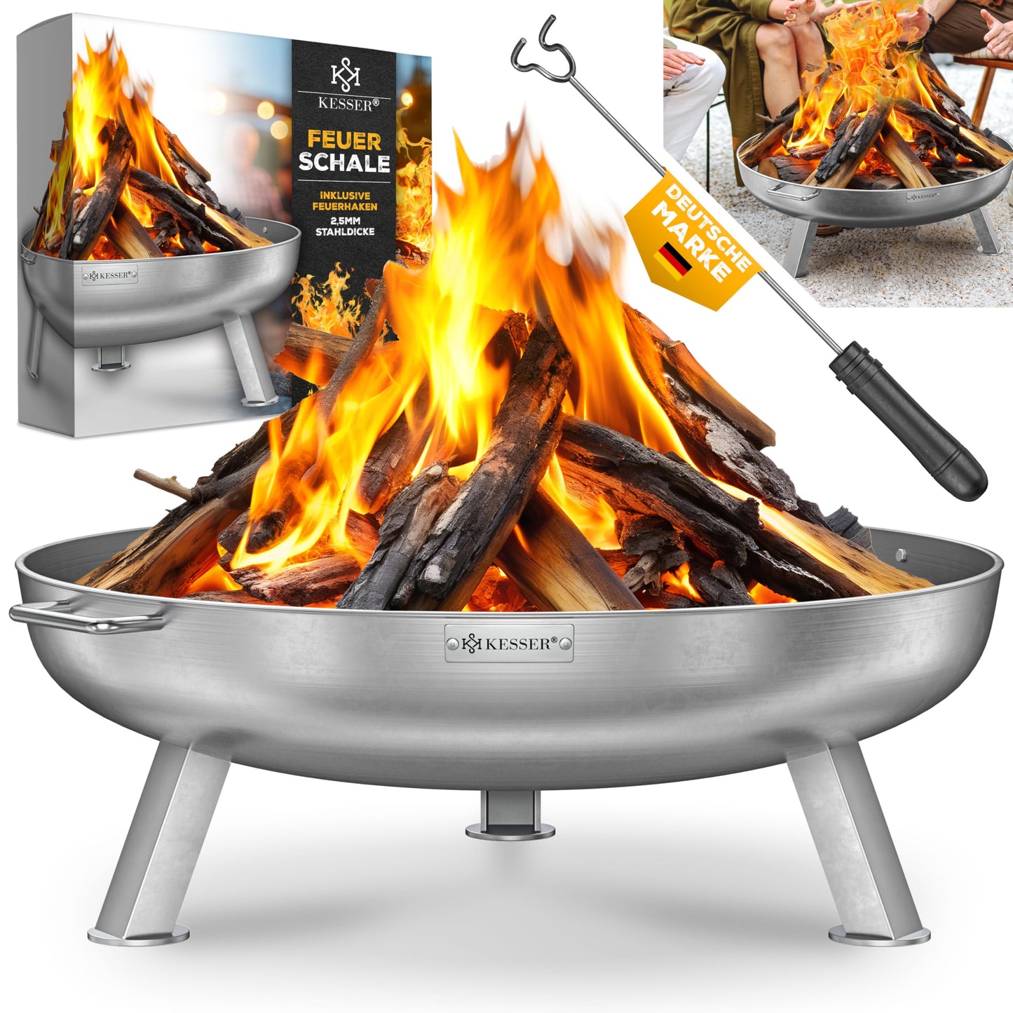 Feuerschale mit Feuerhaken und Wasserablauf, Ø 80 cm edelstahl