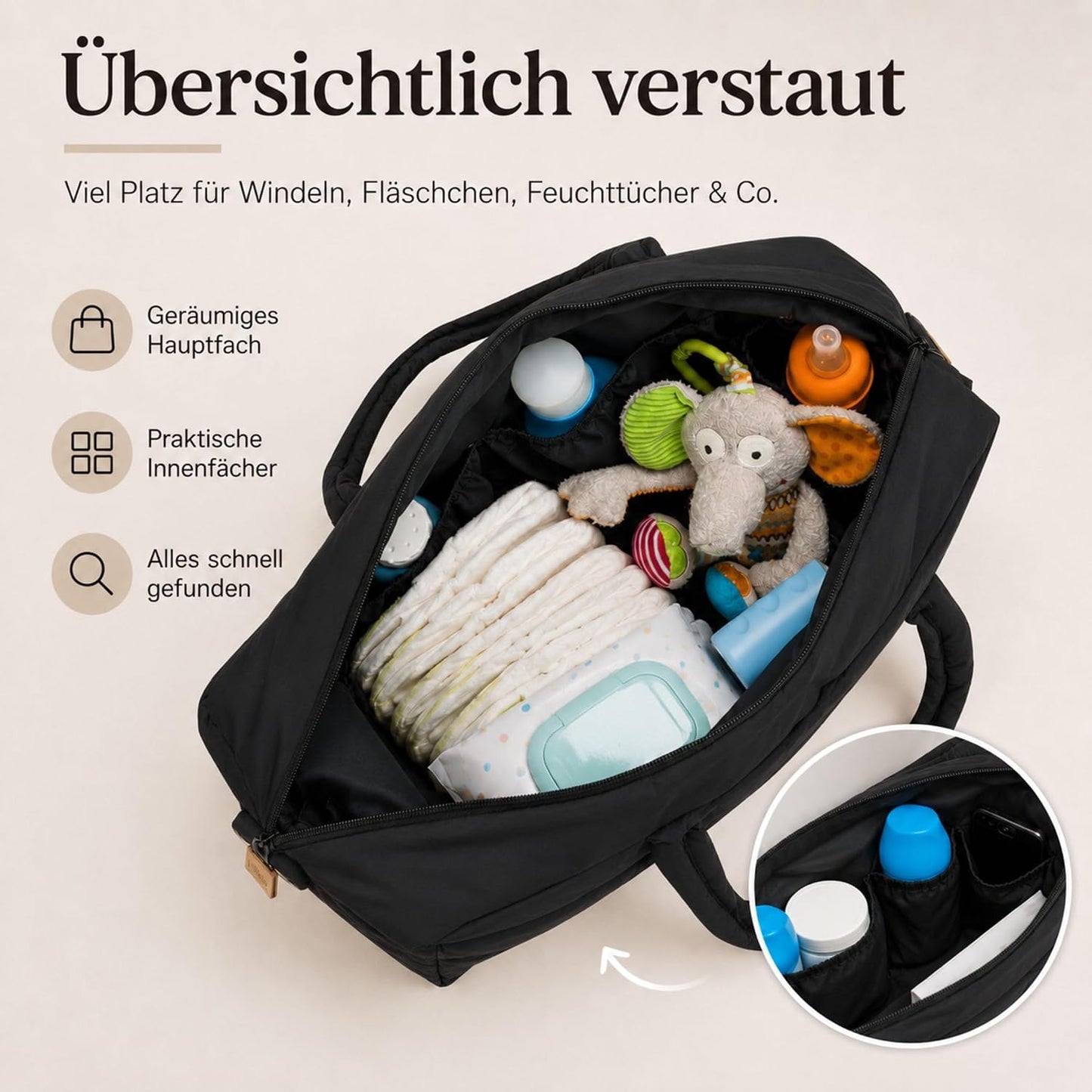 Wickeltasche Toulouse mit Wickelauflage & Fächern, Schwarz