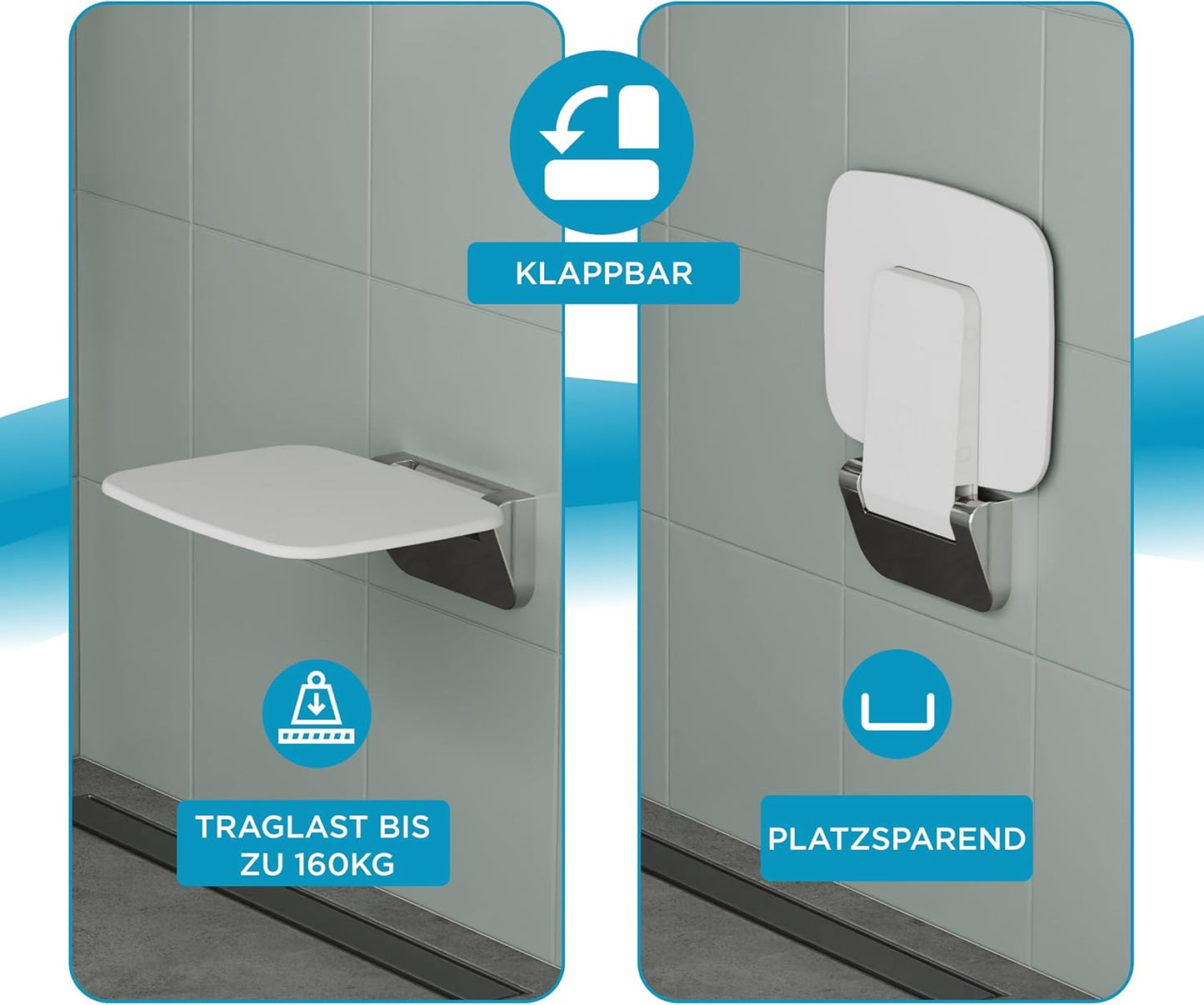 Duschklappsitz Duroplast zur Wandmontage, Weiß Duroplast