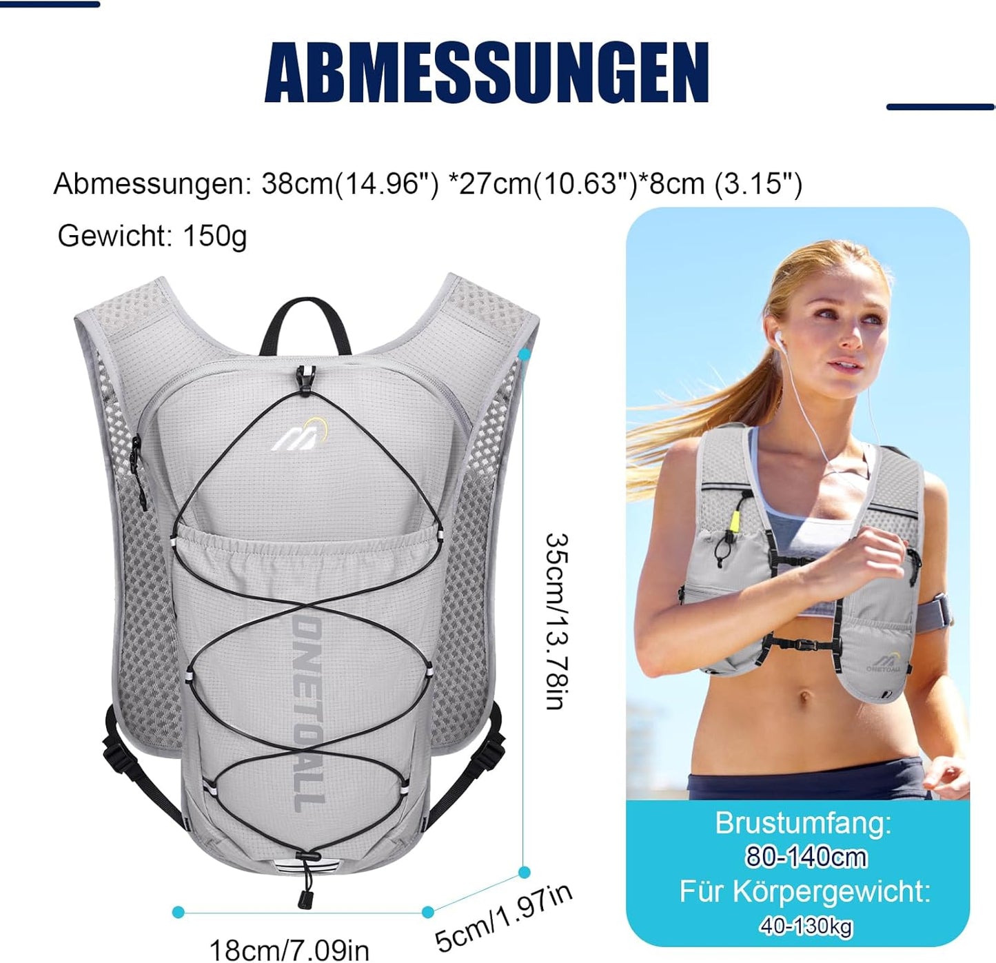 Laufweste mit Trinksystem (2L Blase, 500ml Flasche), hellgrau mit 2L Trinkblase