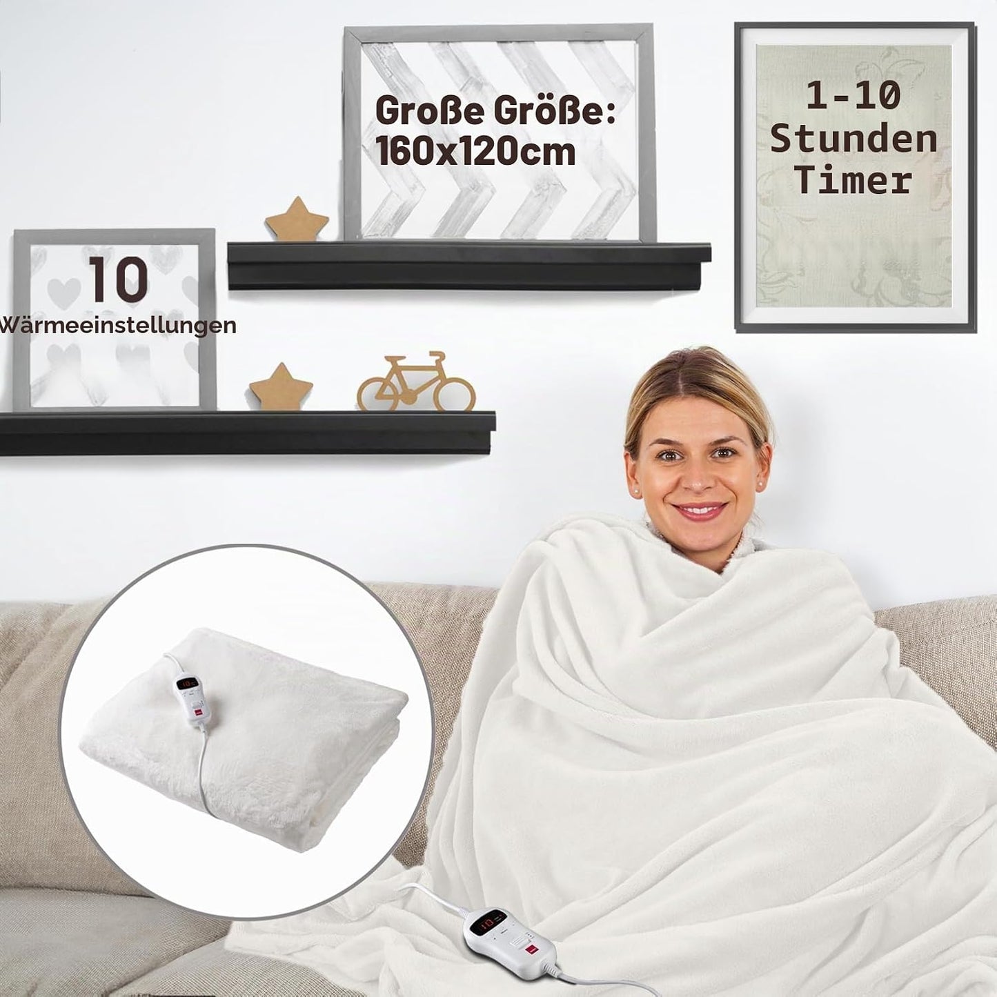 Heizdecke mit Fernbedienung und Timer, 160 x 120 cm Creme