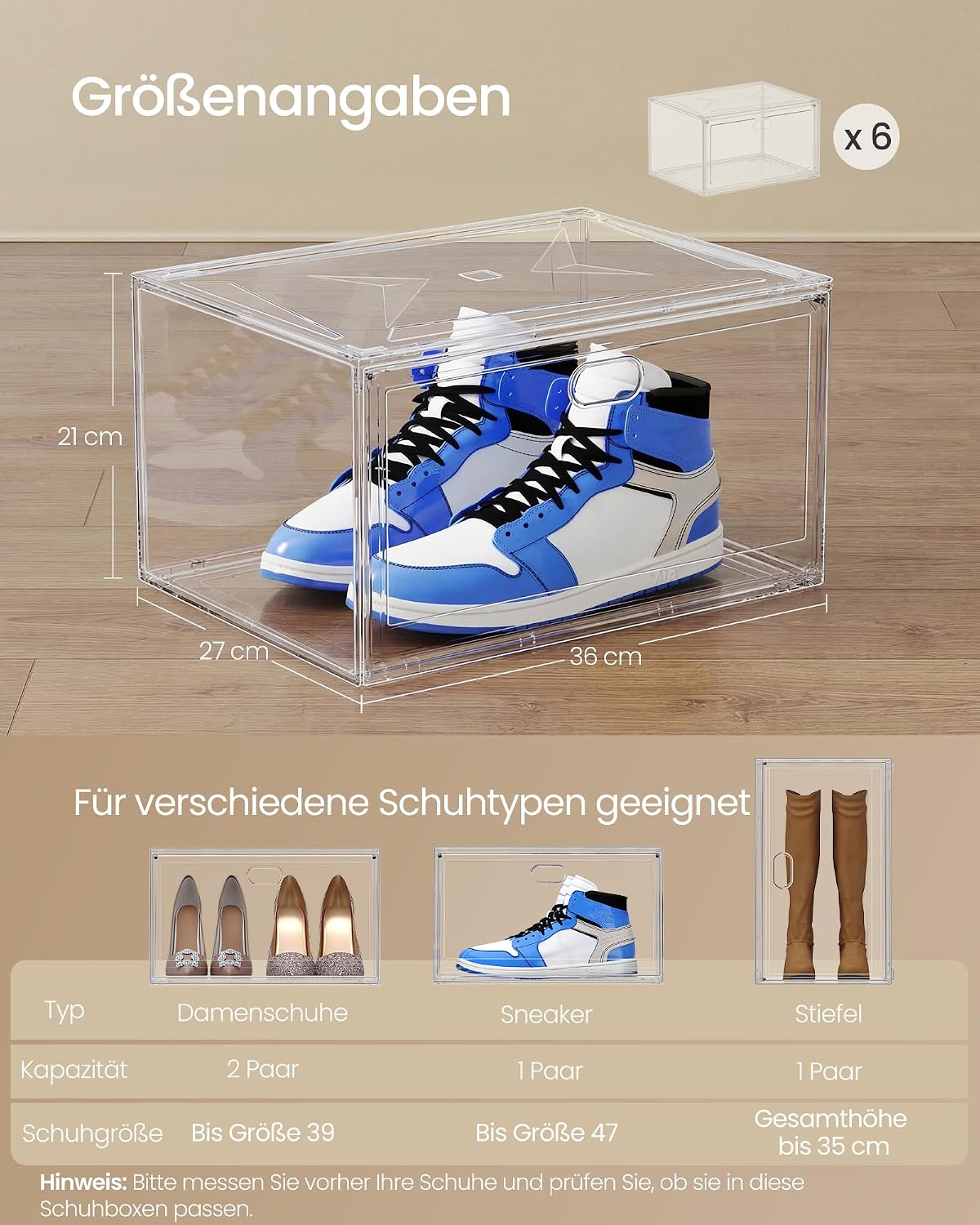 Stapelbares 3er-Set Schuhboxen mit Magnettür, 6er Set