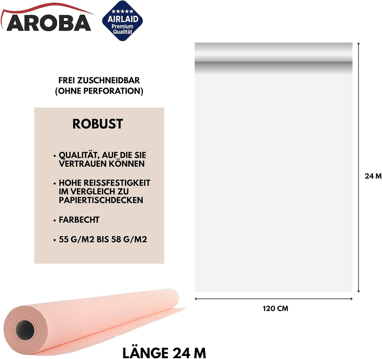 Airlaid Tischdeckenrolle 1,2 m x 24 m, 2400 cm (Rund) Rosa