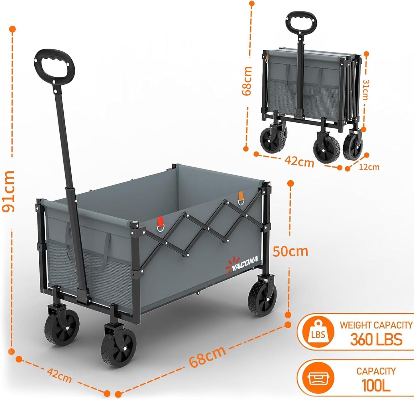 Faltbarer Bollerwagen mit 4 Rollen 100L, Grau 100L