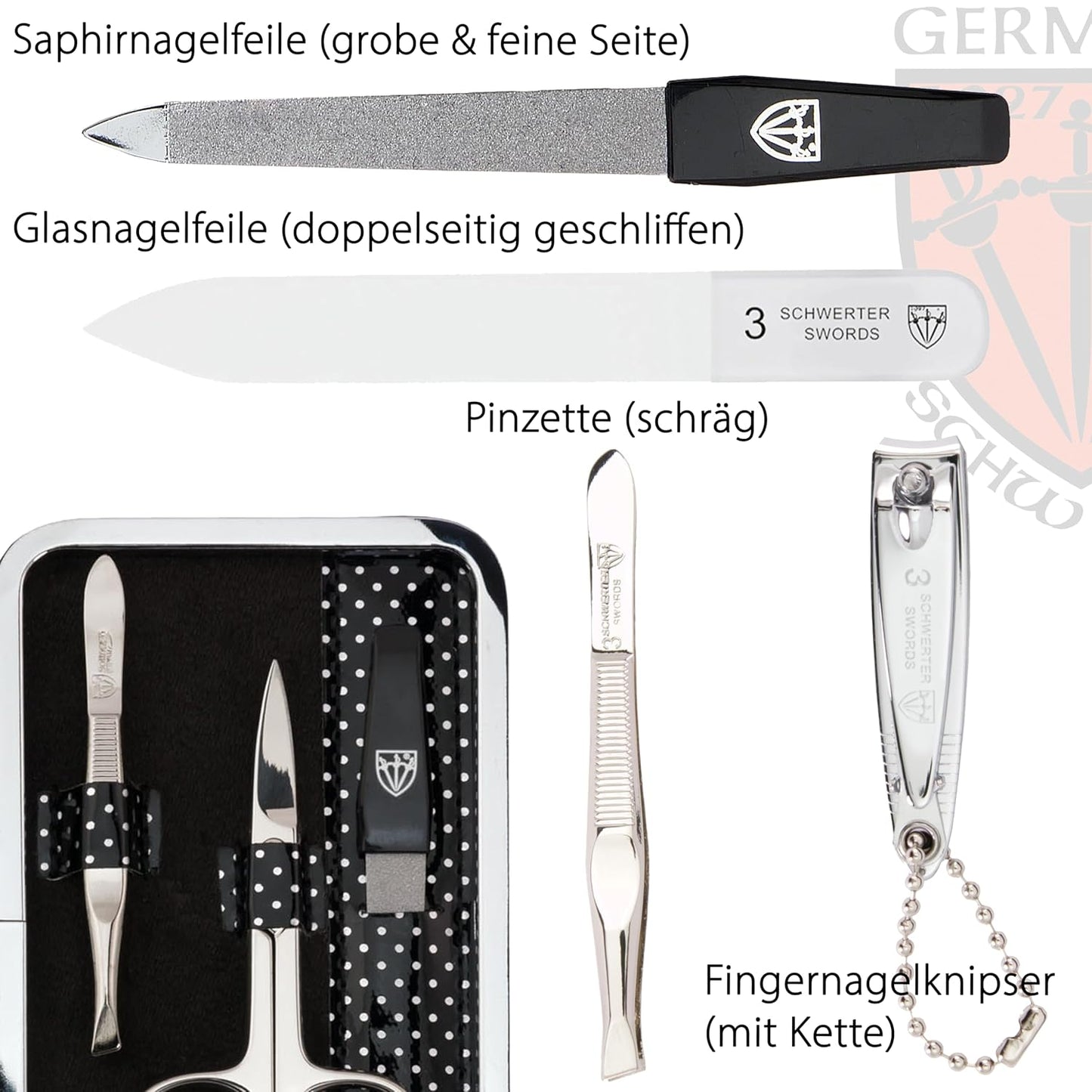 6-teiliges Maniküreset Genova, SCHWARZ SILBER-GEPUNKTET / KUNSTLEDER
