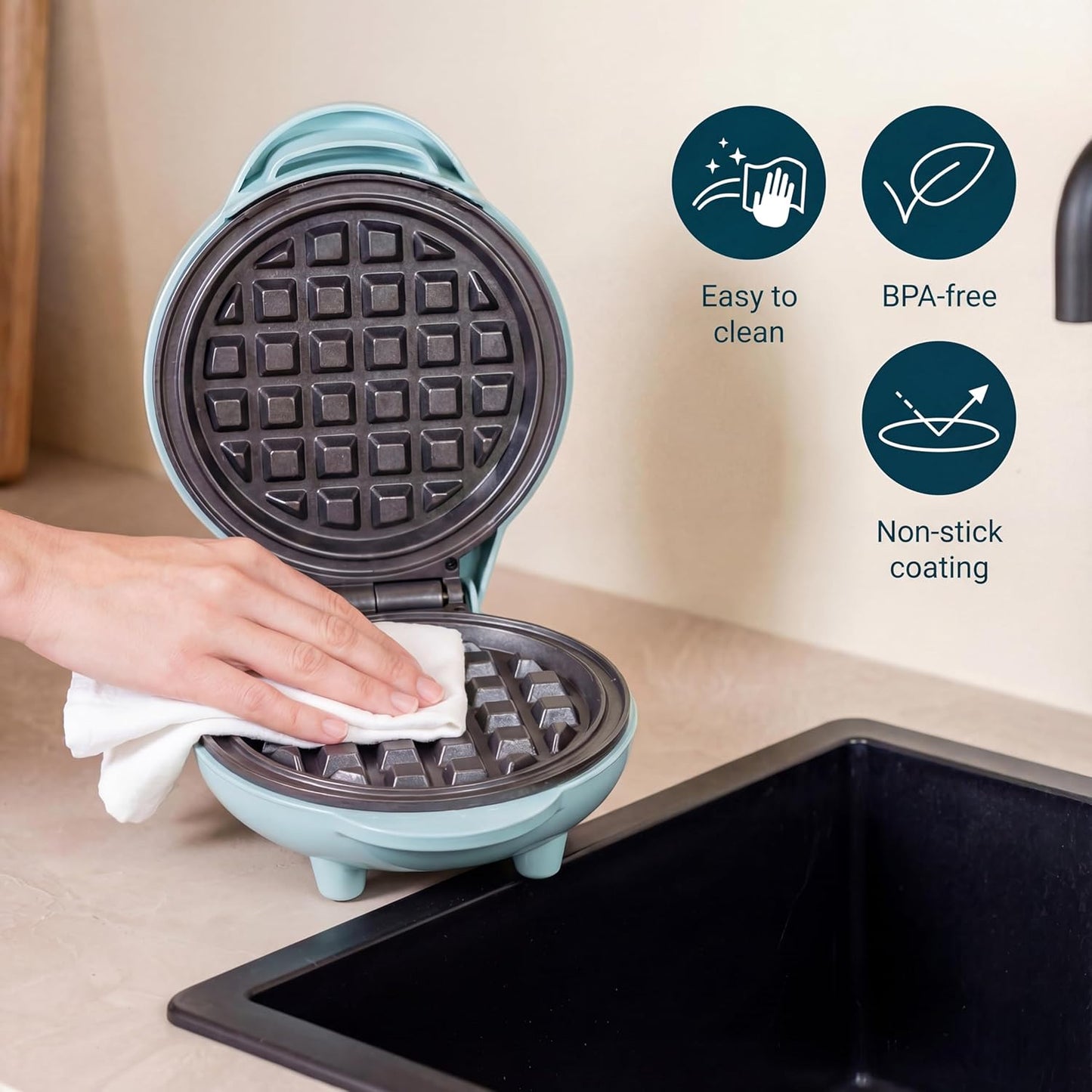 Mini-Waffeleisen mit Antihaftbeschichtung (Retro Design), Mint