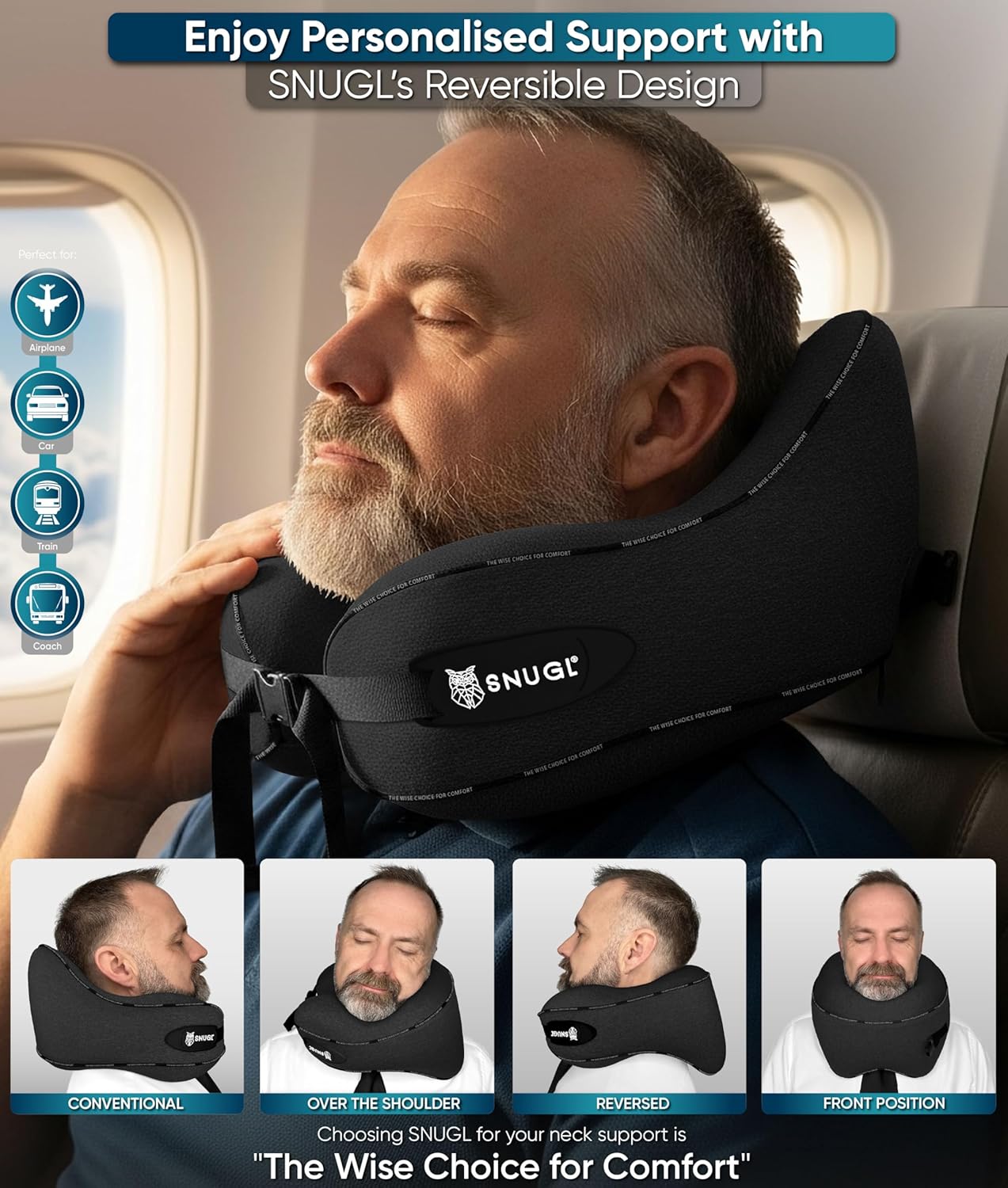 Verstellbares Memory Foam Nackenkissen für Reisen, Erwachsener Normal Schwarz