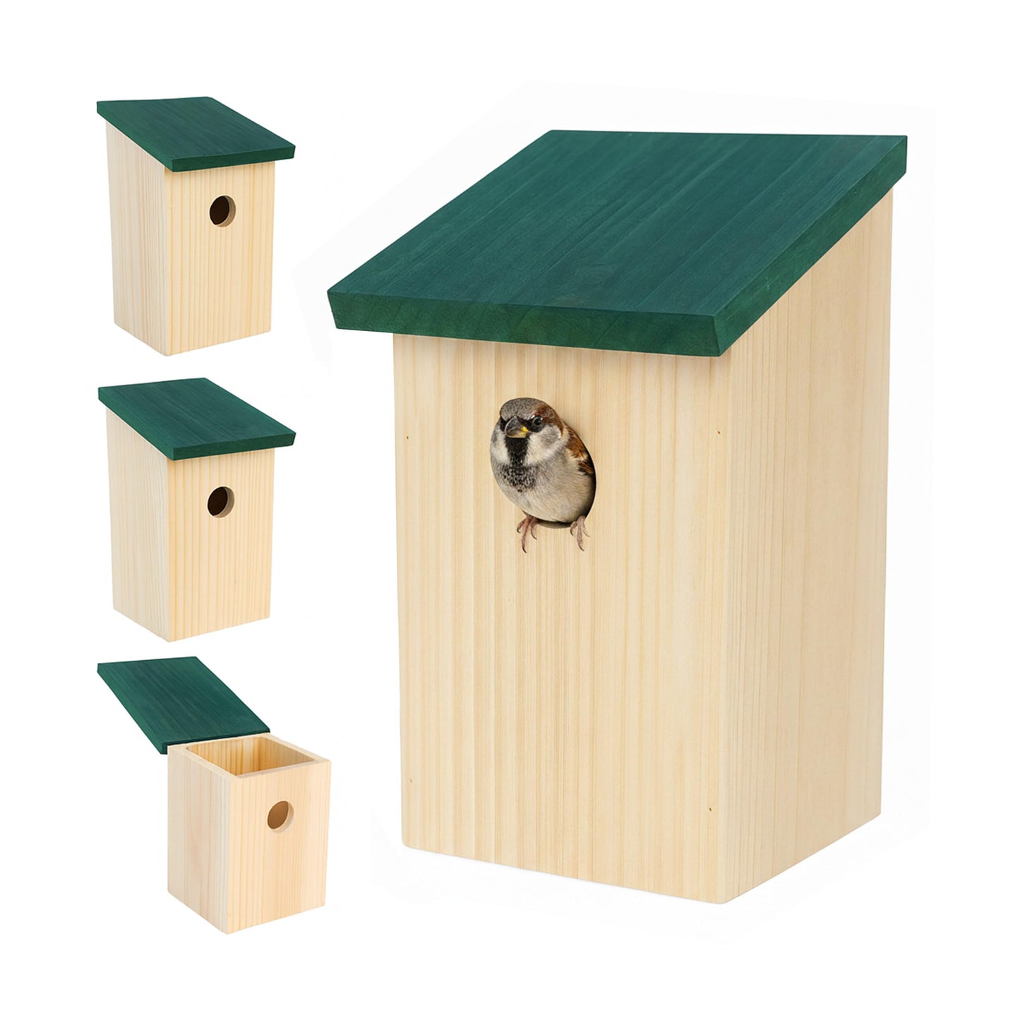 Nistkasten-Set für Spatzen & Meisen (4 Stück), Natur/ Grün