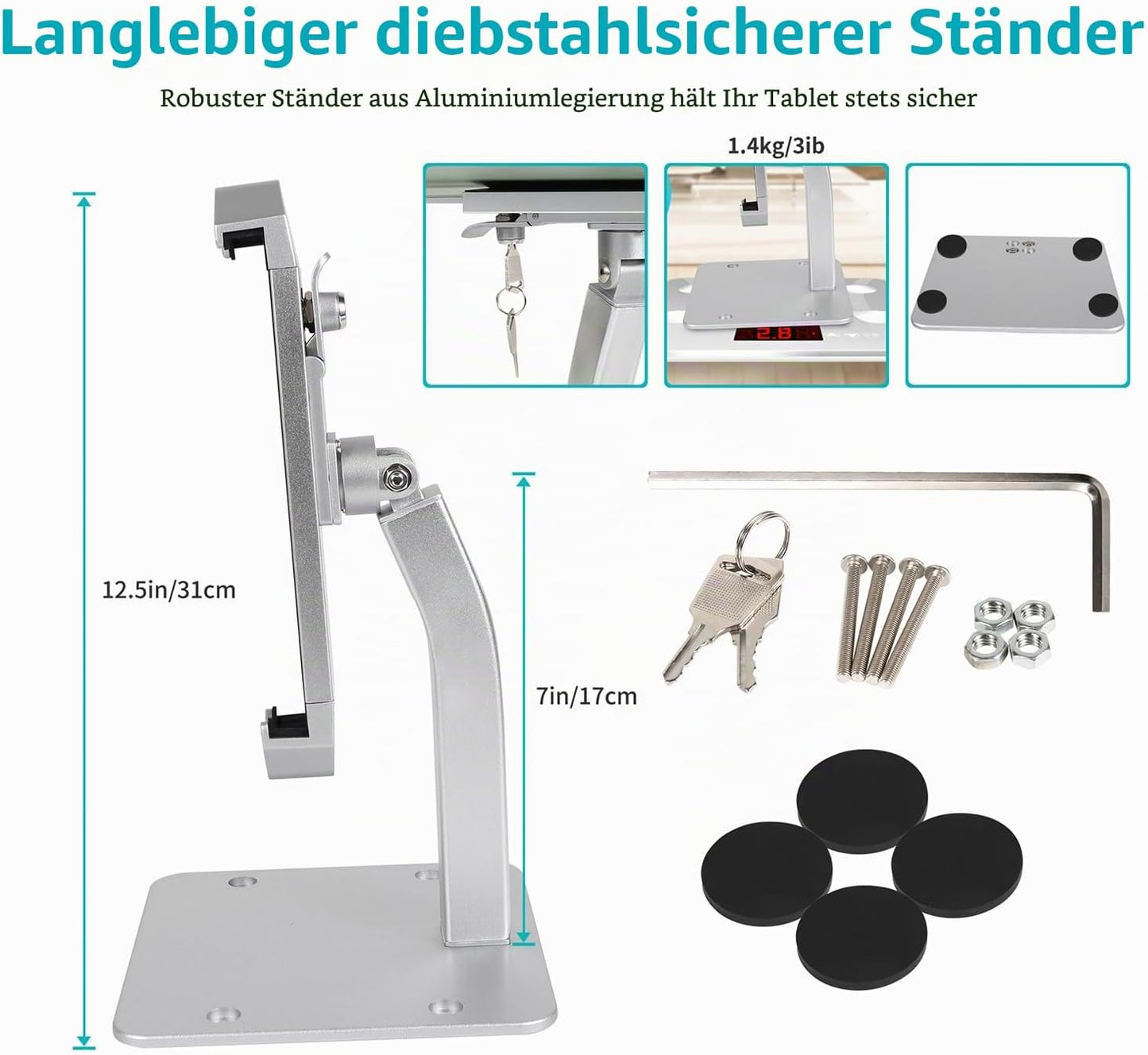 Tablet-Halterung mit Schloss, Silber