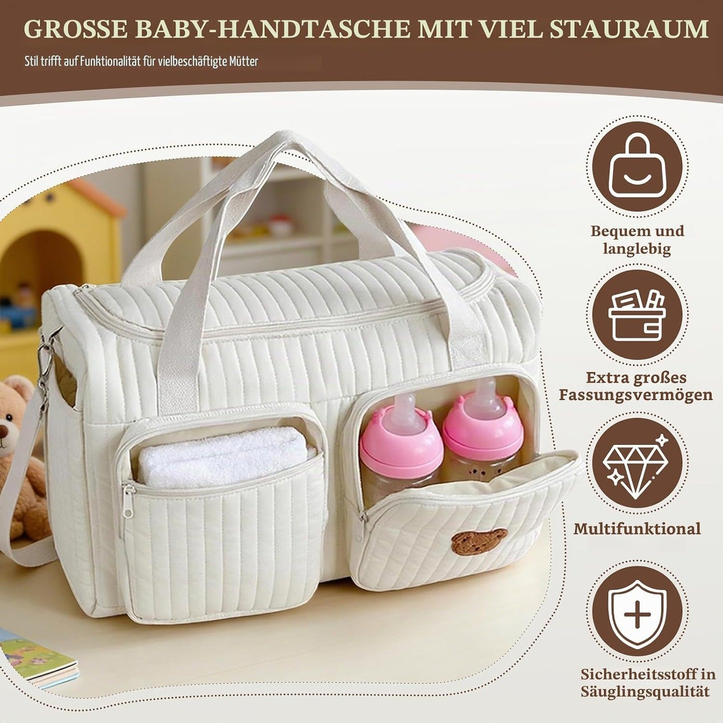 Gesteppte Wickeltasche für Babypflege und Reisen, Single Bear